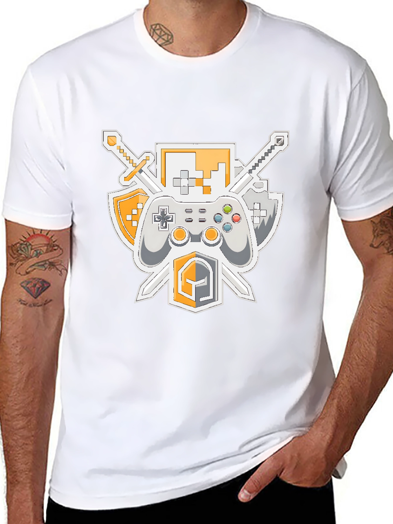 Black Gamer's Crest T-Shirt - Swords, Controller, & Shield Design view 8