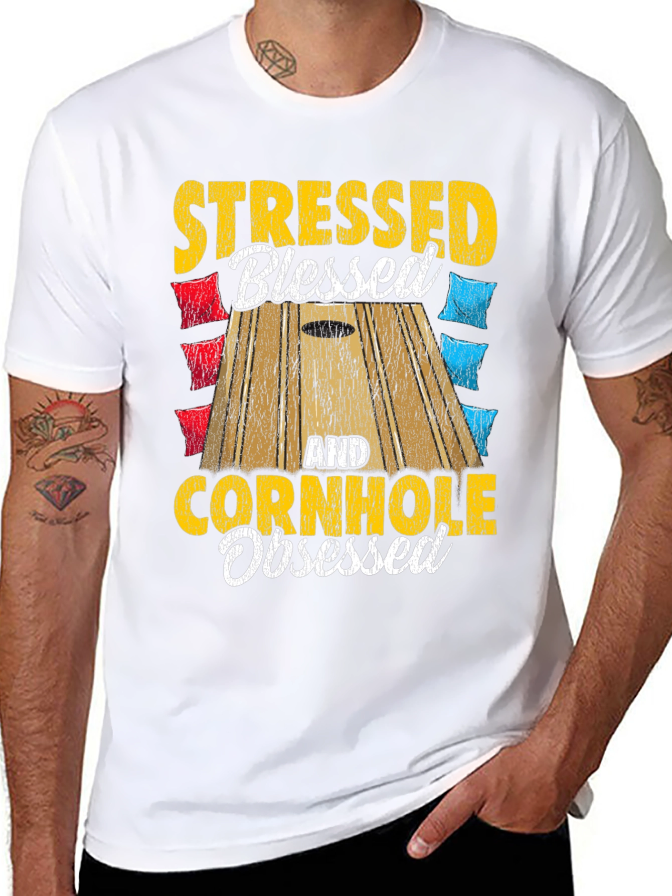 Black Stressed Blessed Cornhole Obsessed Graphic Tee view 8