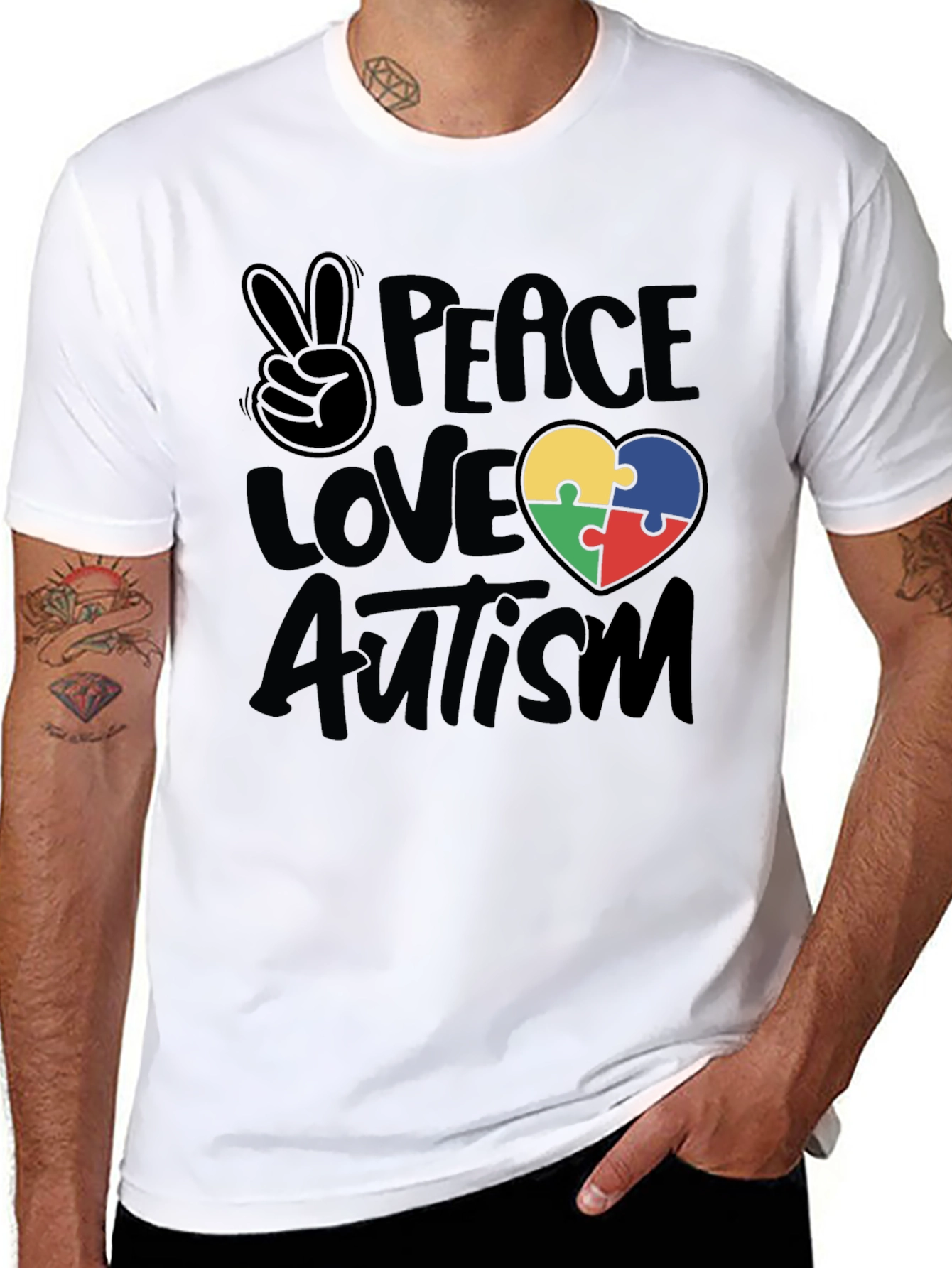 Black Peace Love Autism Puzzle Heart T-Shirt view 8