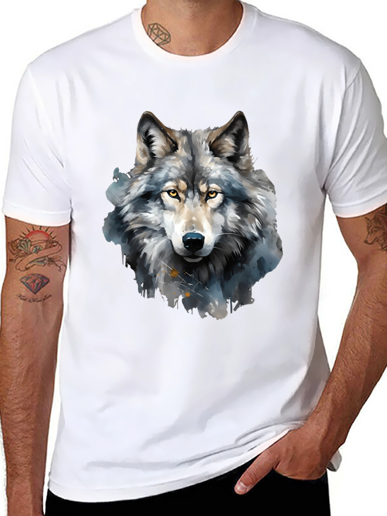 Black Watercolor Wolf Graphic Tee - Men's Black T-Shirt view 8