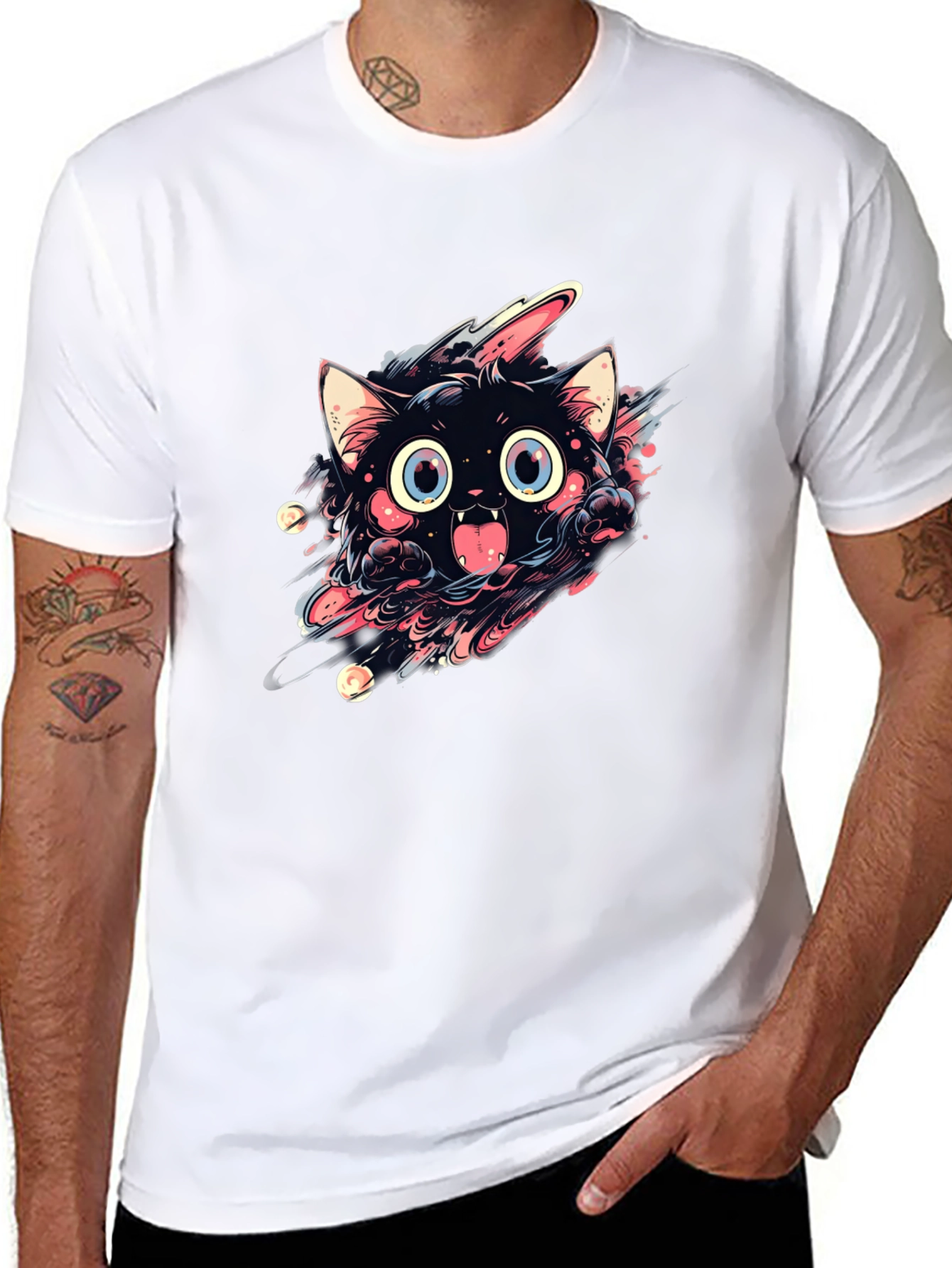 Black Cartoon Cat Graphic Black T-Shirt view 8