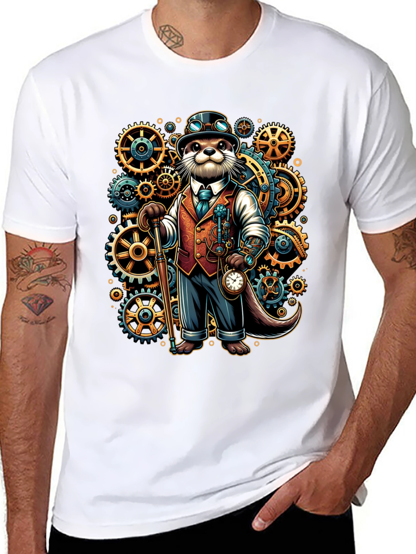 Black Steampunk Otter Graphic Tee view 8