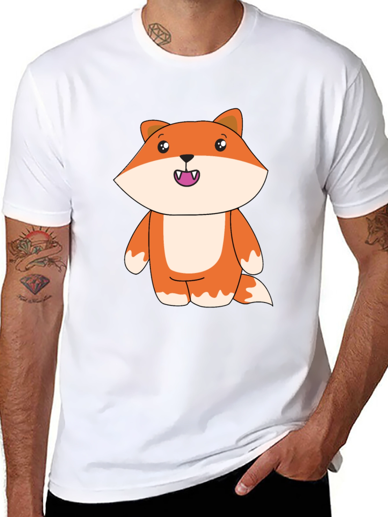 Black Cute Cartoon Fox Black T-Shirt view 8