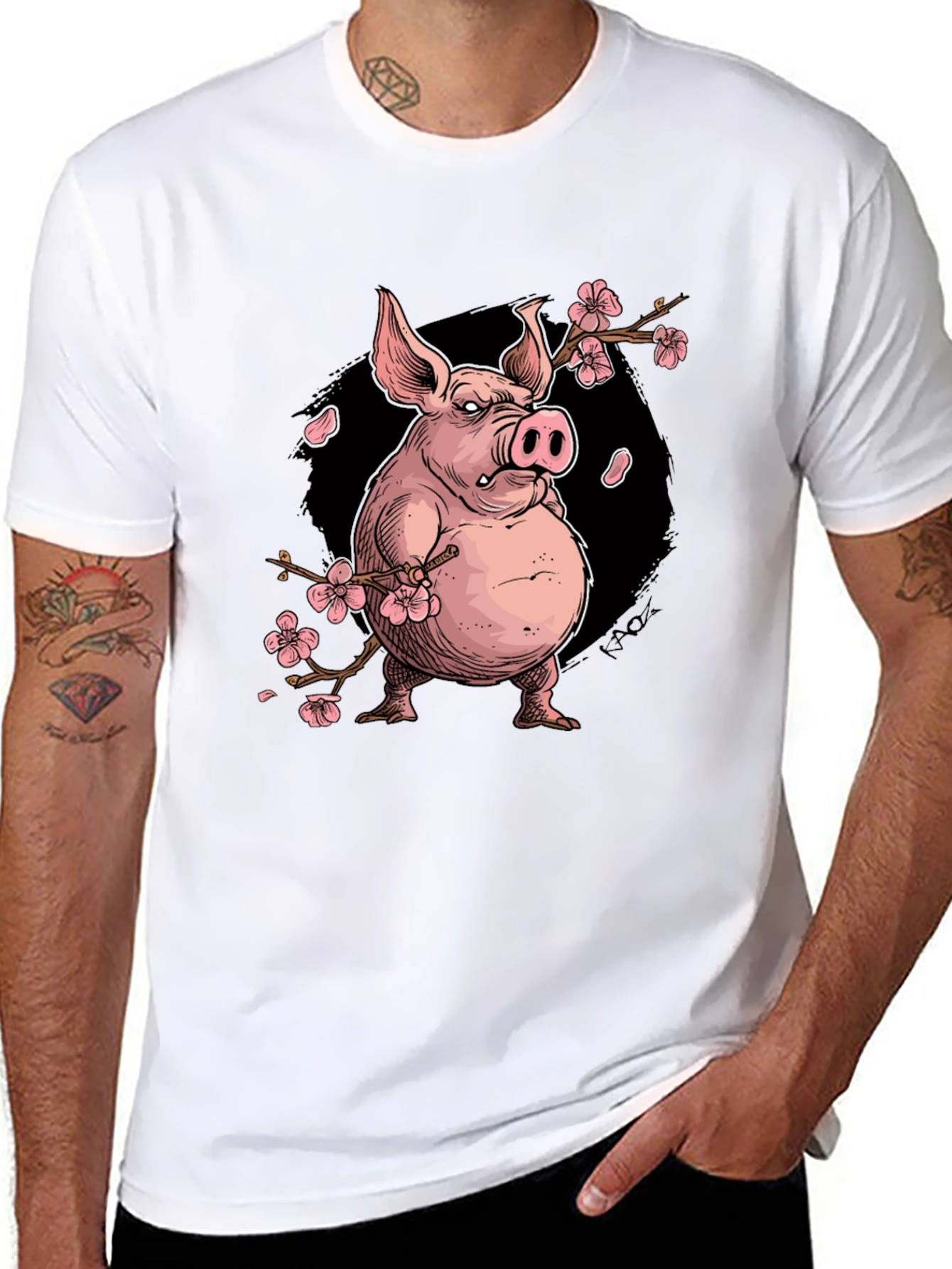 Black Pig with Cherry Blossoms Graphic T-Shirt view 8