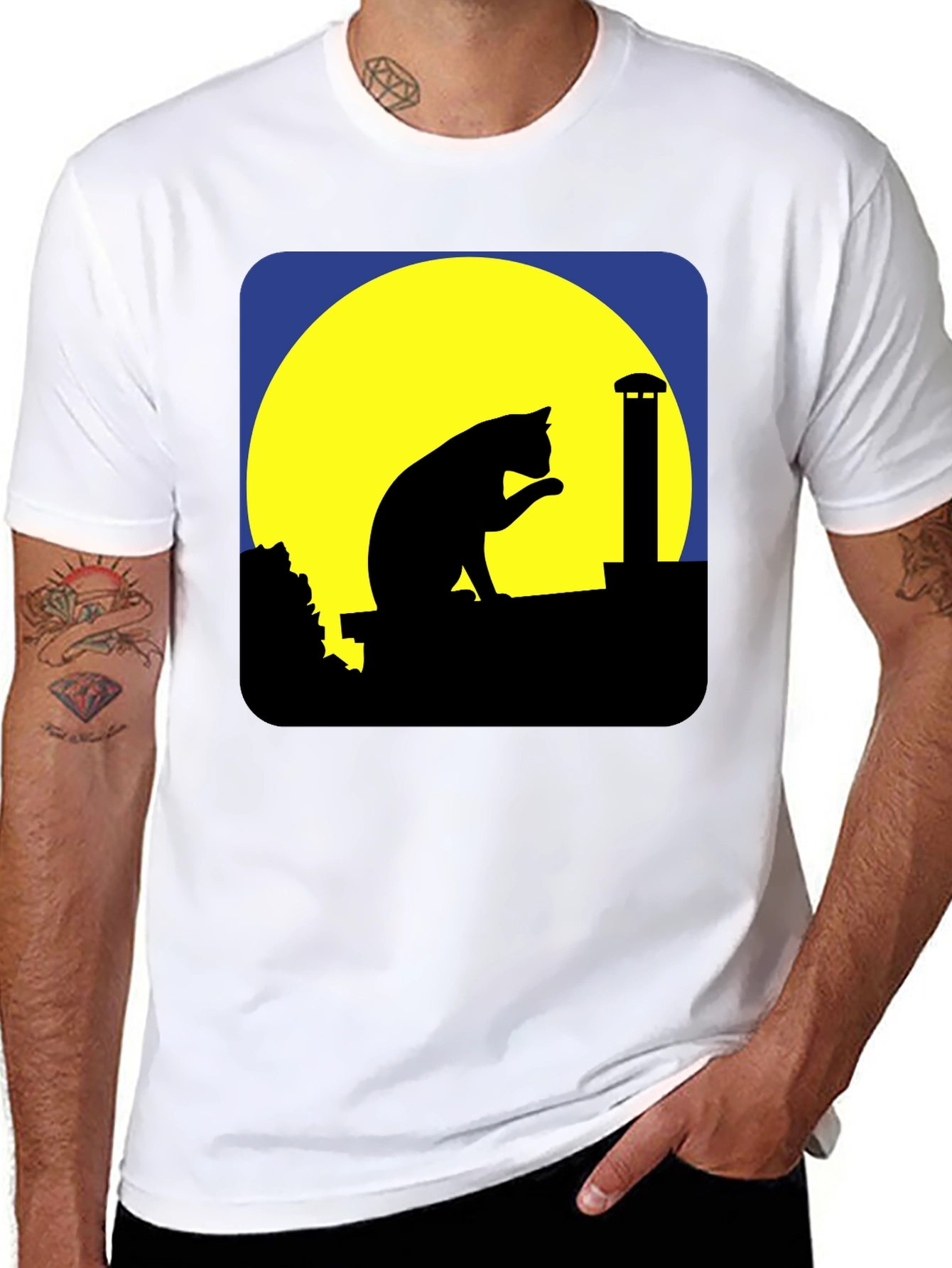 Black Cat On Rooftop Silhouette Graphic Tee - Black view 8