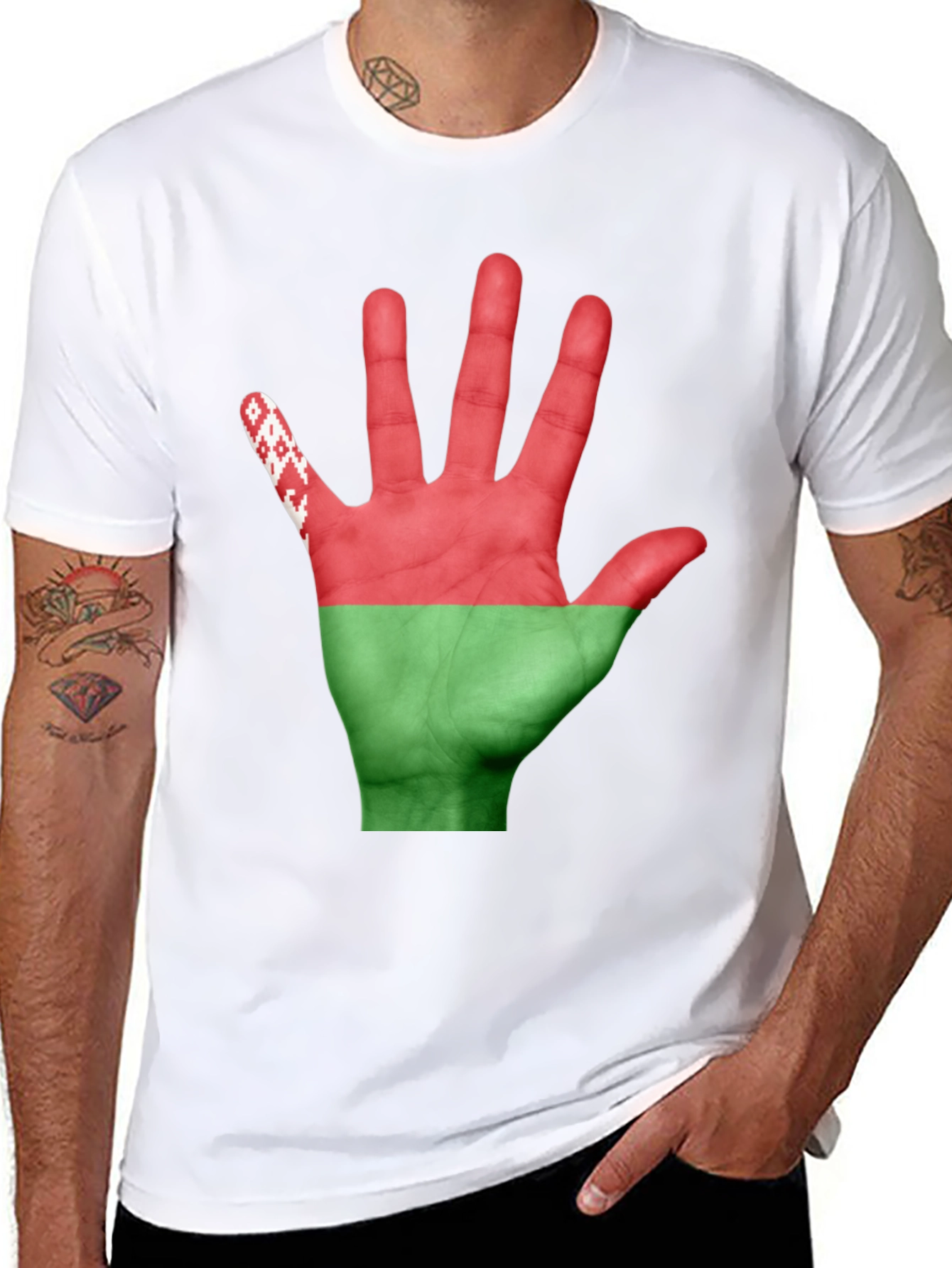 Black Belarus Flag Hand Print Black T-Shirt view 8