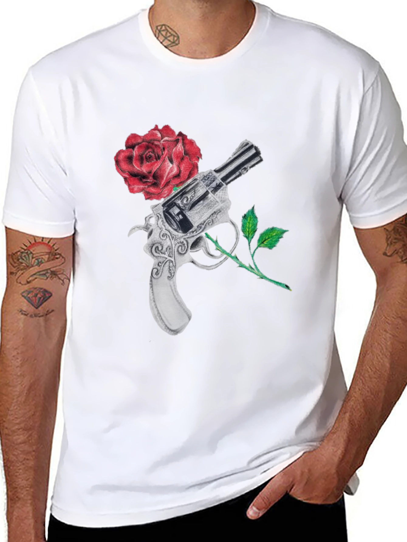 Black Gun and Rose Graphic Black T-Shirt view 8