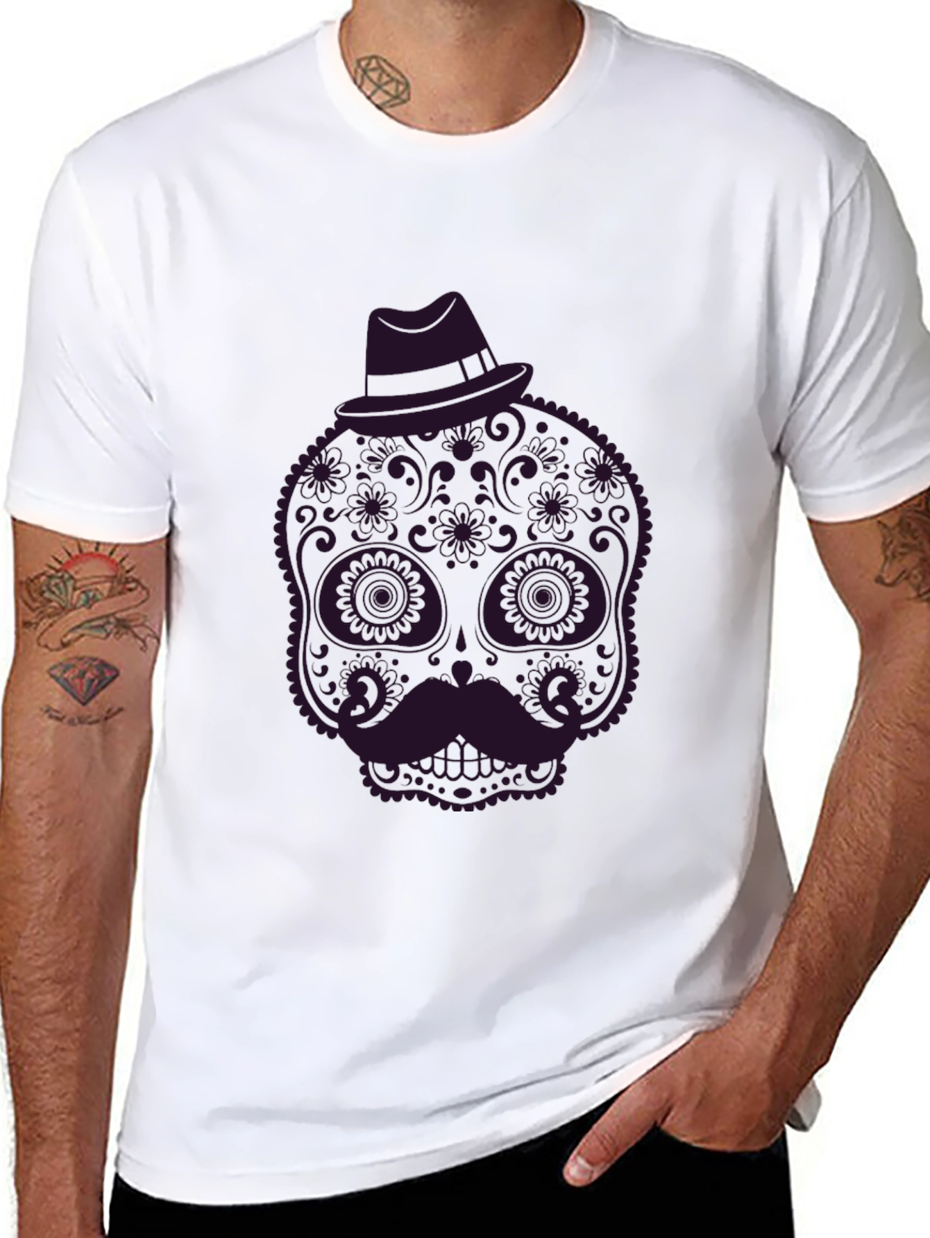 Black Sugar Skull Mustache Graphic Tee - Black view 8