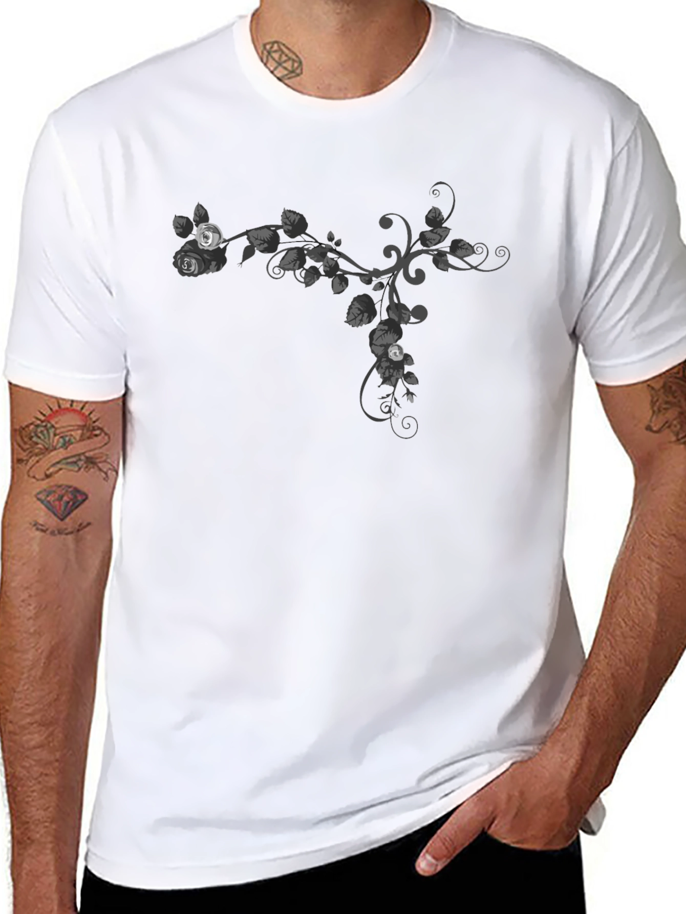 Black Floral Vine Graphic Tee - Casual Black T-Shirt view 8