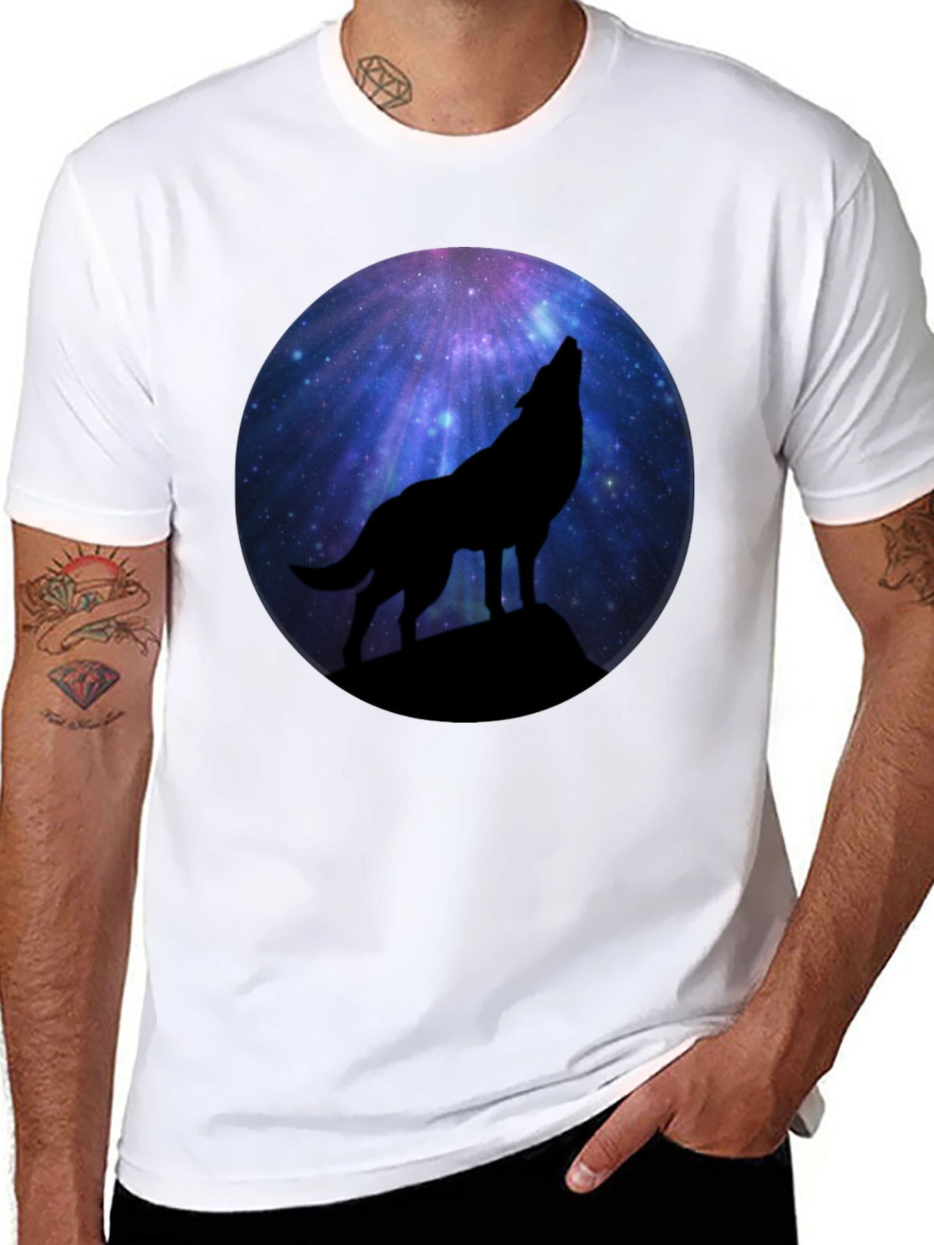 Black Wolf Howling at Galaxy Moon Men's Black T-Shirt view 8