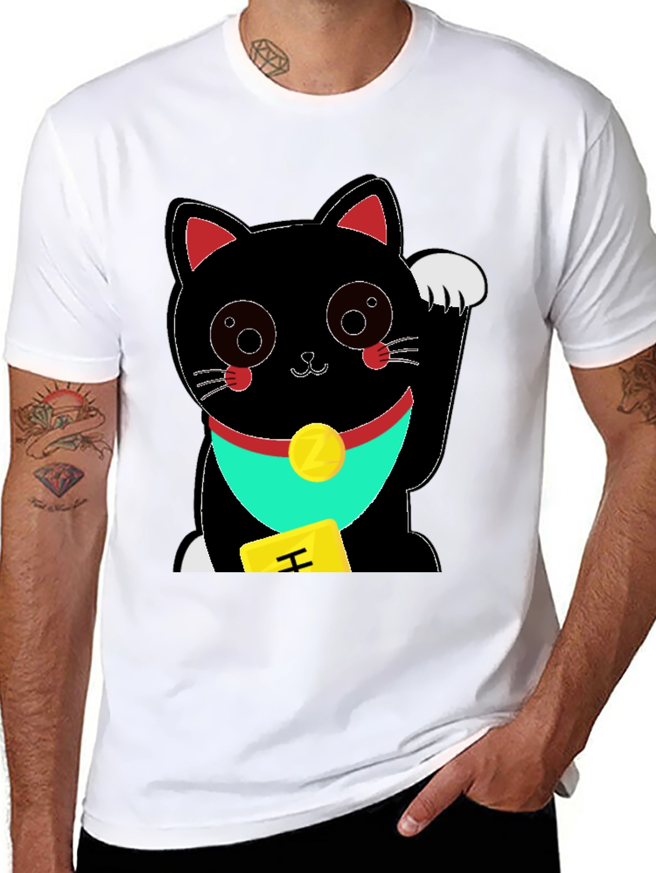 Black Lucky Cat Graphic Tee - Soft Black Cotton T-Shirt view 8
