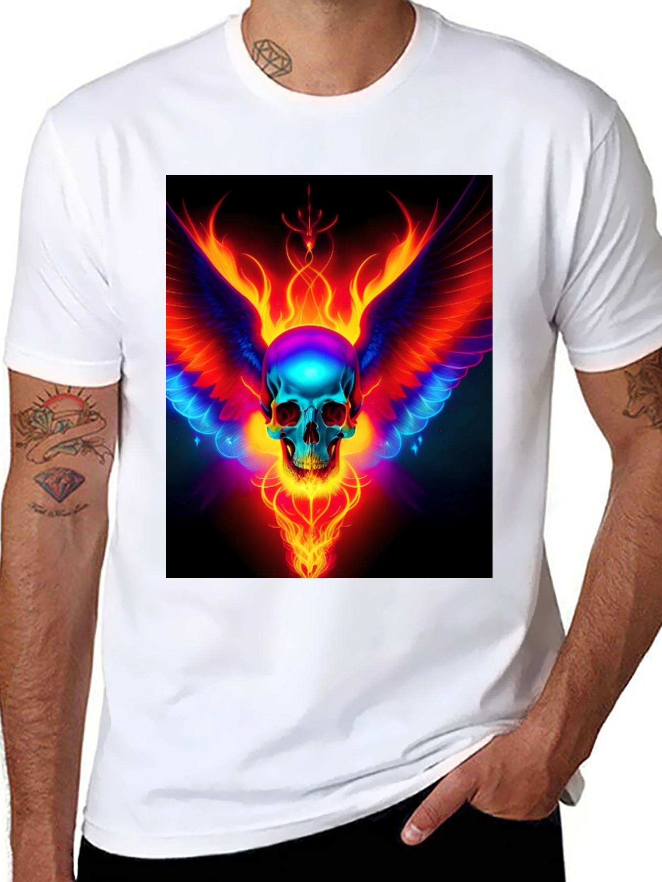 Black Flaming Skull Wings Graphic Black T-Shirt view 8