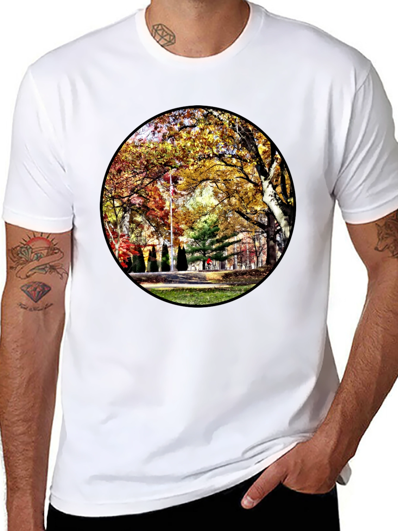 Black Autumn Park Scene Black T-Shirt view 8