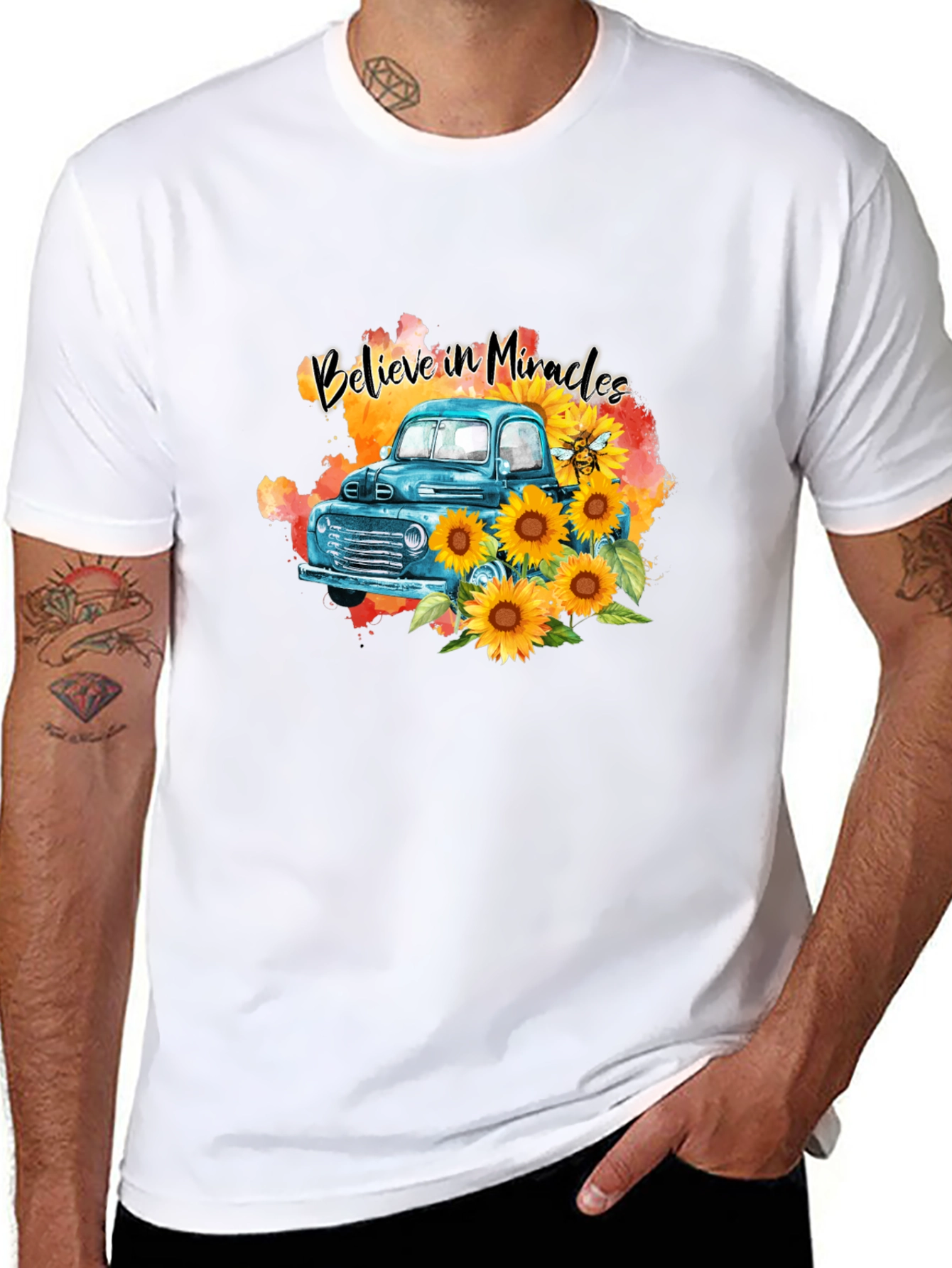 Black Believe in Miracles Sunflower Truck T-Shirt view 8