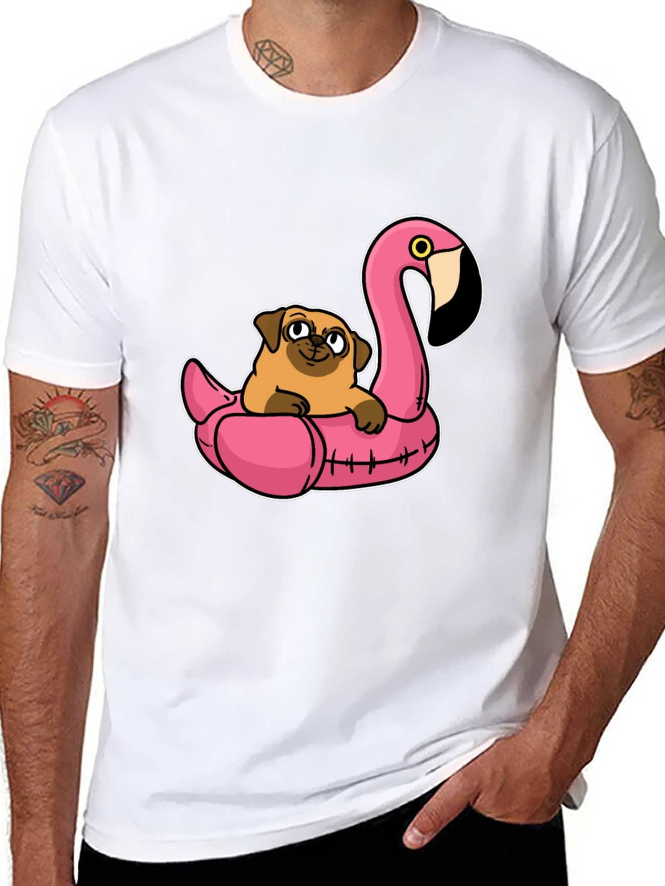 Black Pug on Flamingo Float T-Shirt view 8