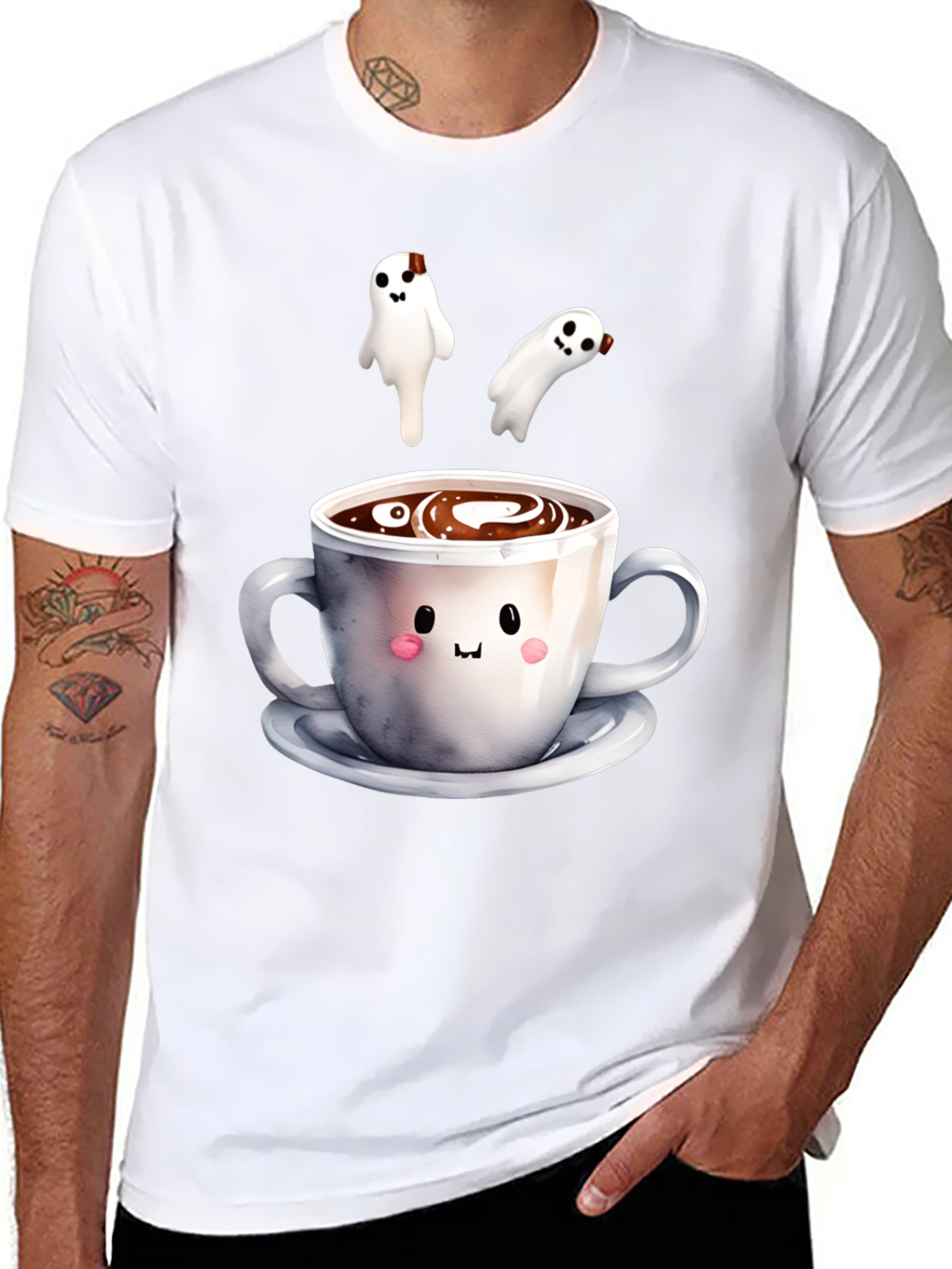 Black Cute Ghost Coffee T-Shirt, Spooky Season Apparel view 8