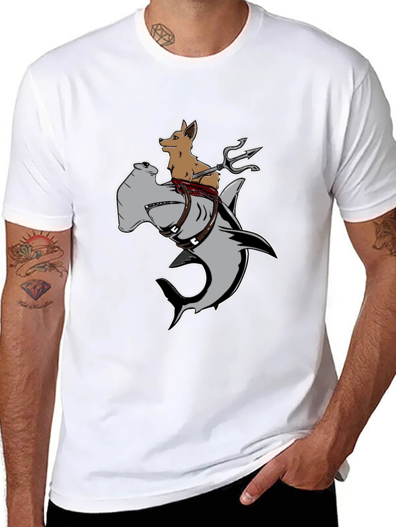 Black Dog Riding Hammerhead Shark T-Shirt - Funny Graphic Tee view 8