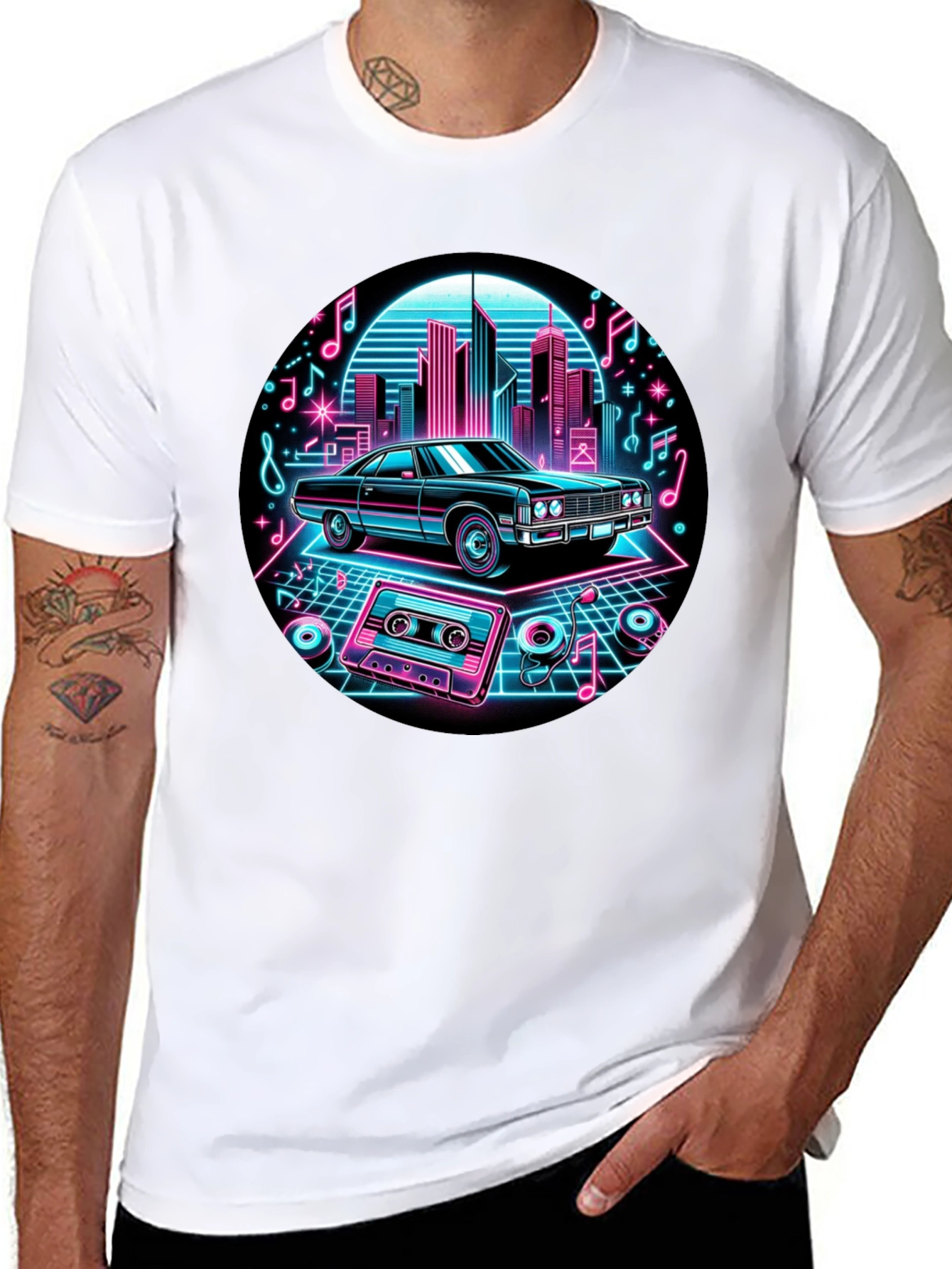 Black Retro Car T-Shirt - Neon Cityscape Design view 8