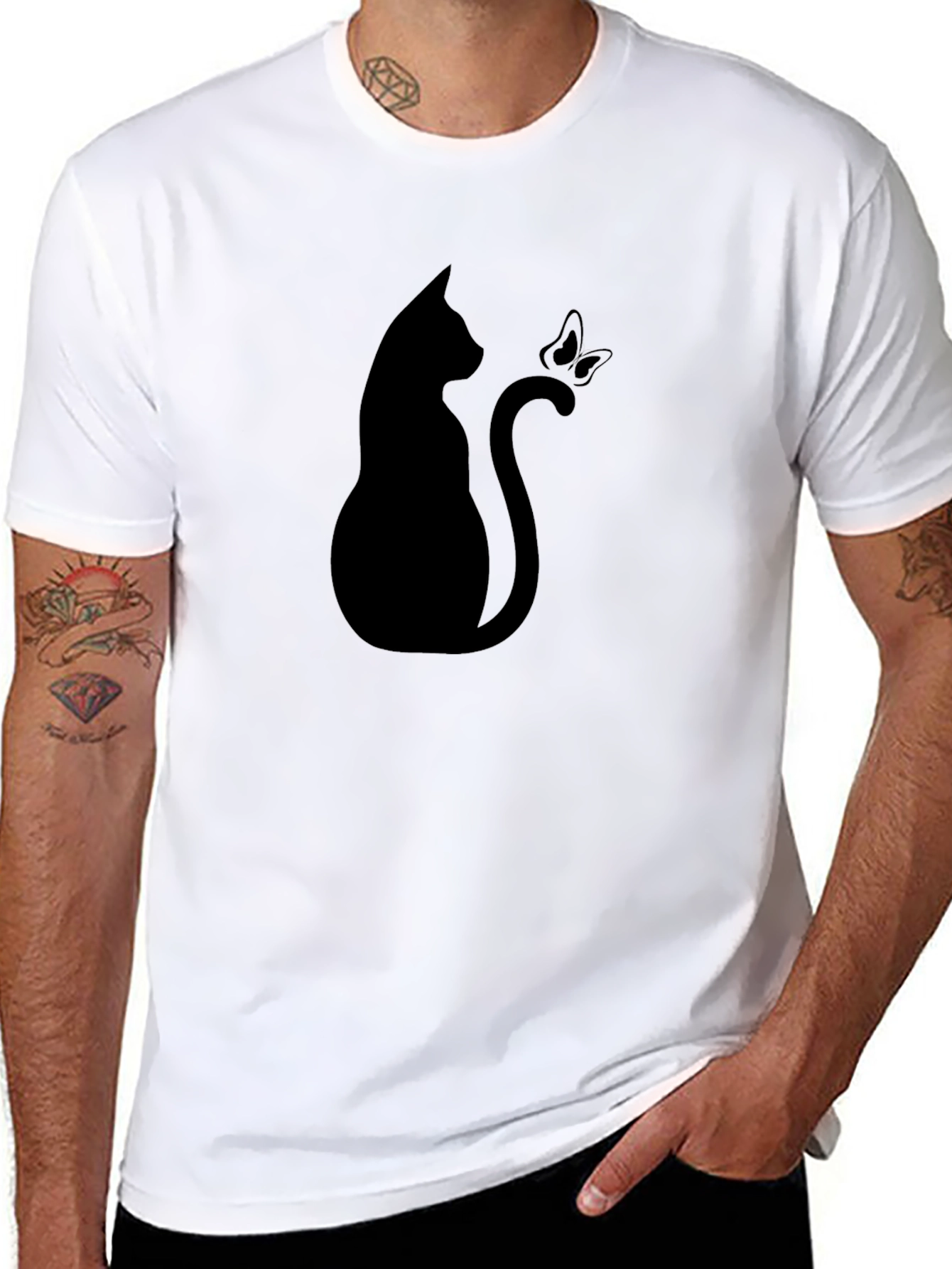 Black Cat & Butterfly Graphic Tee - Stylish Black T-Shirt view 8