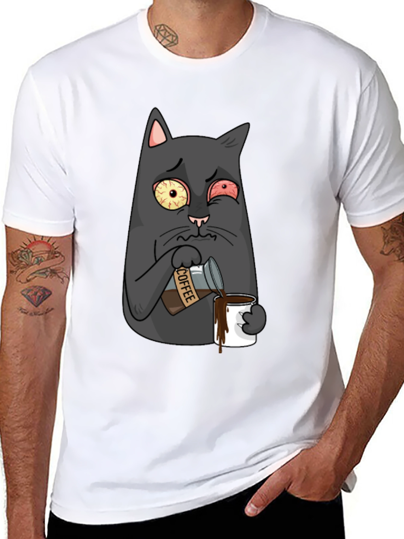 Black Coffee Cat T-Shirt - Funny Cartoon Graphic Tee view 8
