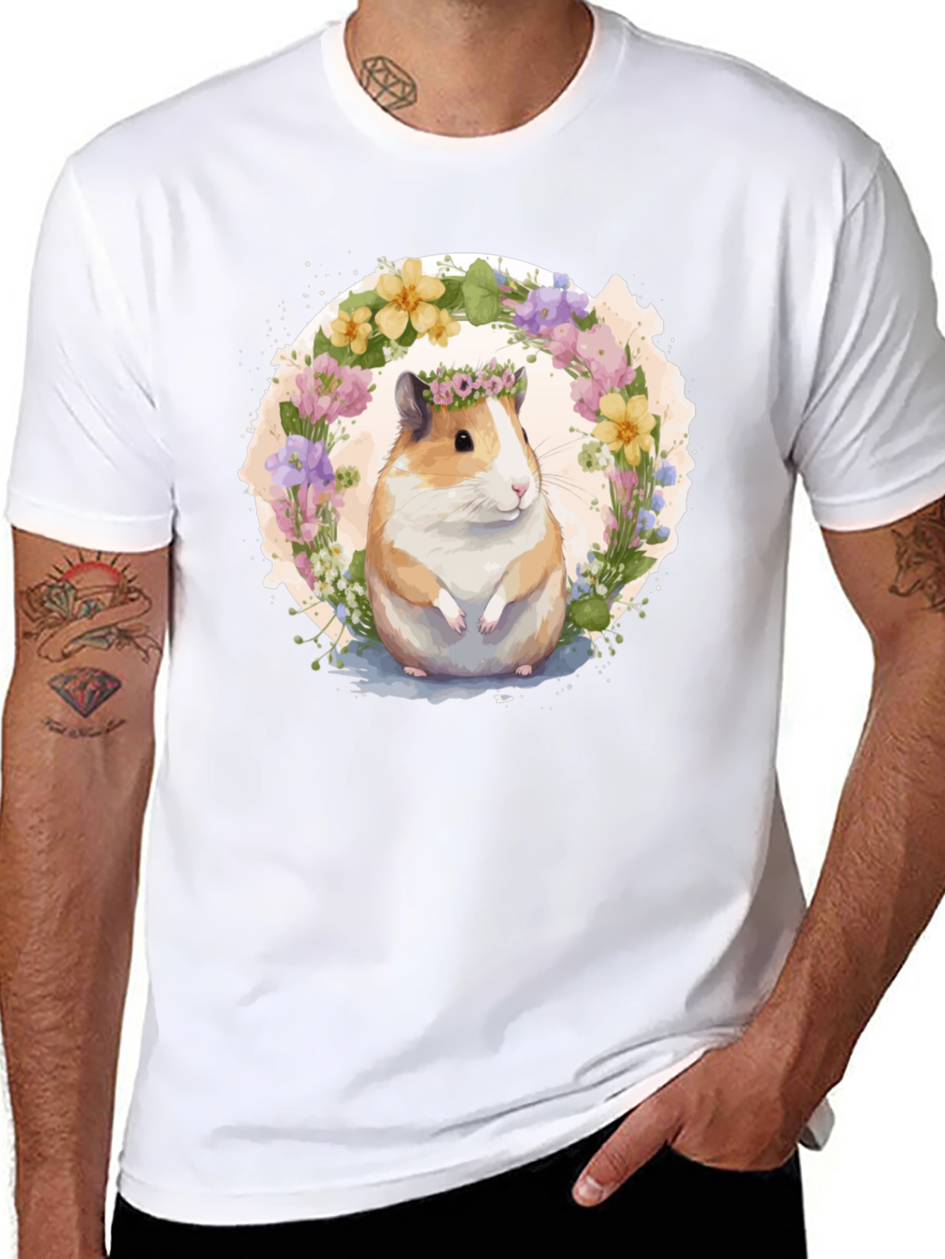 Black Guinea Pig Floral Wreath Graphic Tee view 8