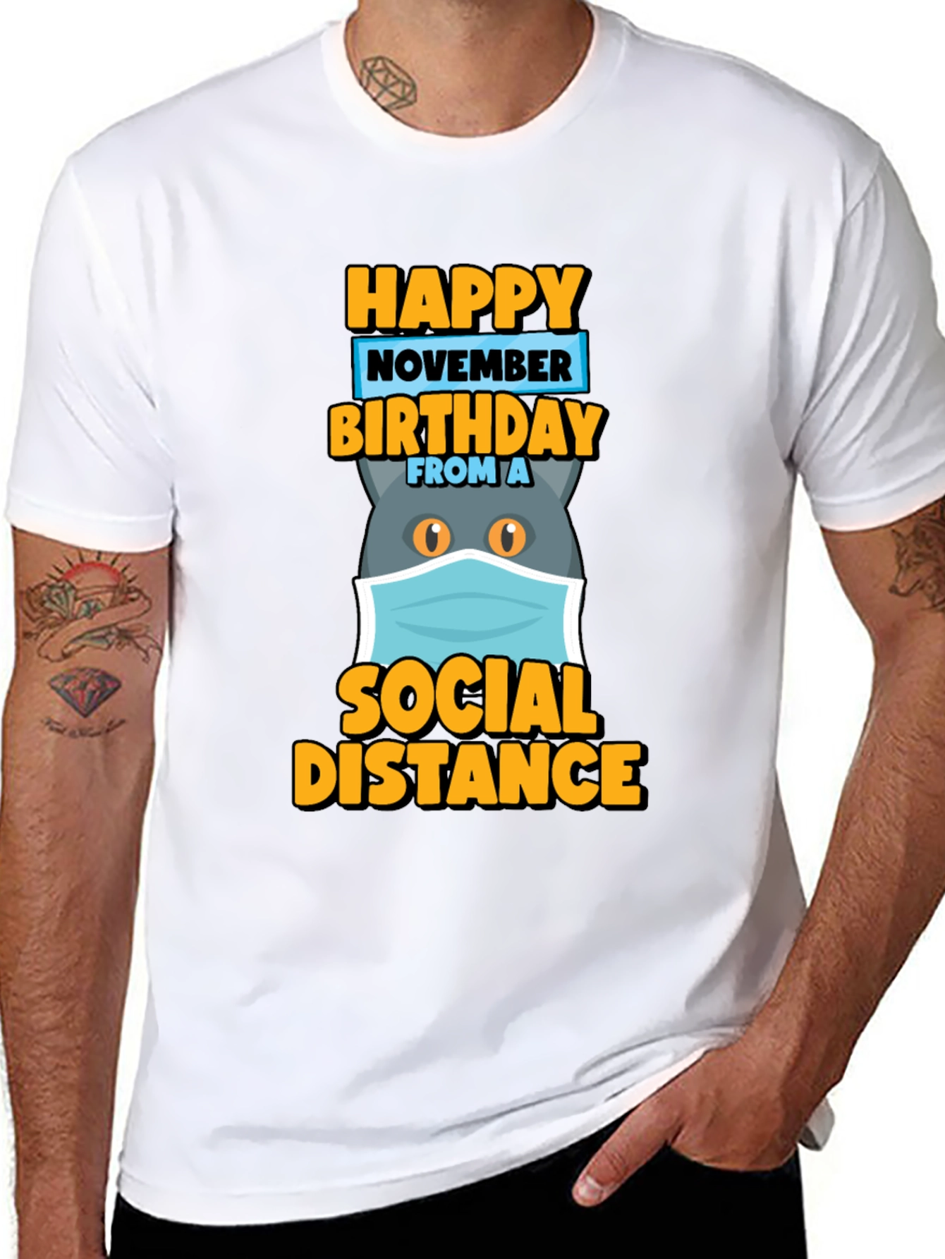 Black Happy November Birthday Social Distance Cat T-Shirt view 8