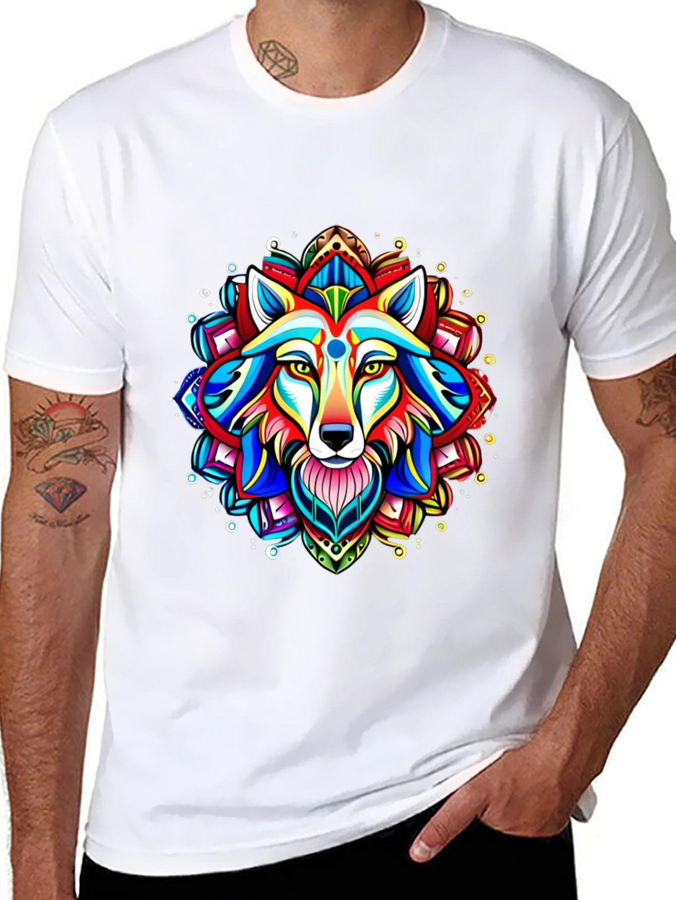Black Vibrant Wolf Mandala Graphic Tee view 8