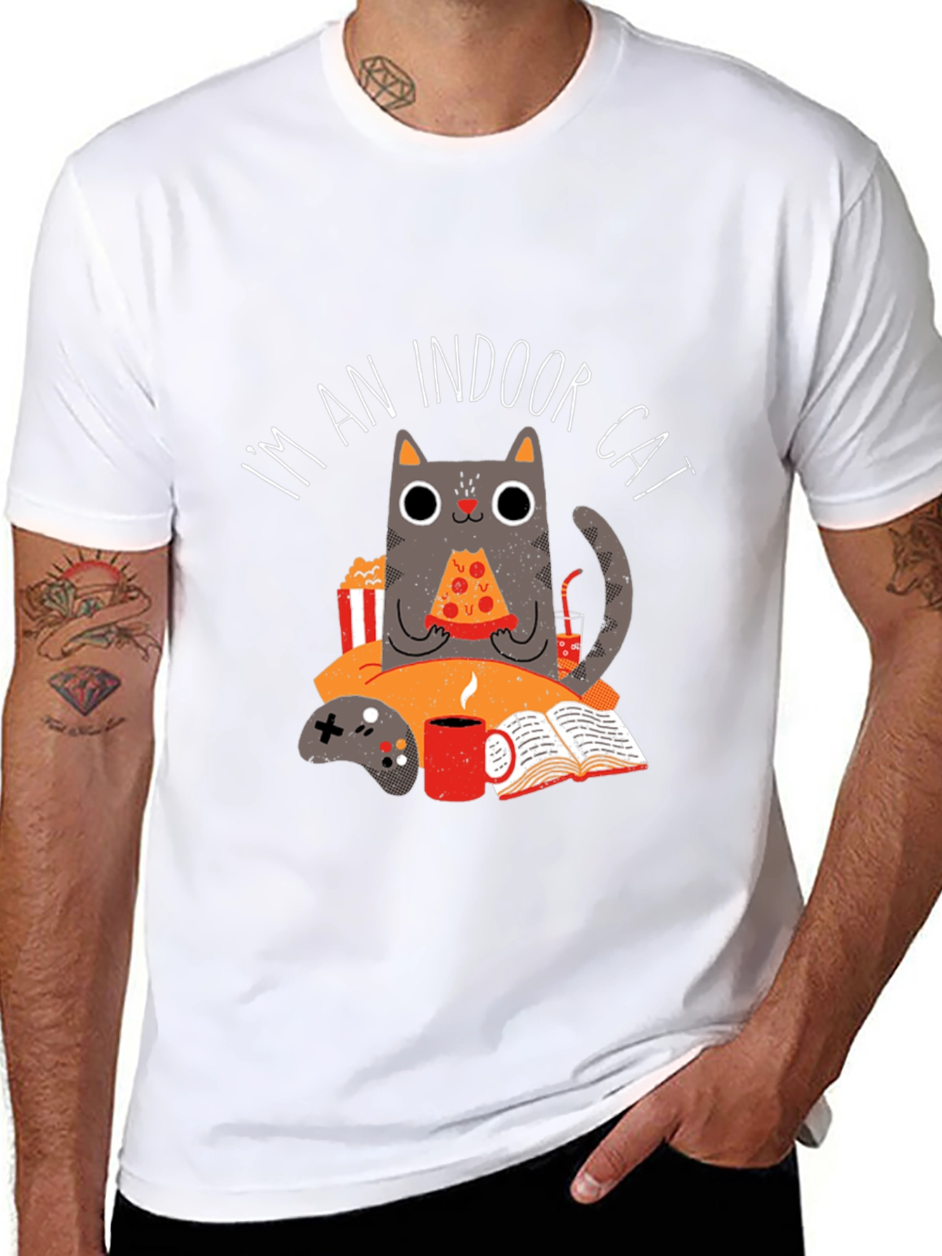 Black Indoor Cat T-Shirt - Gamer & Pizza Lover view 8