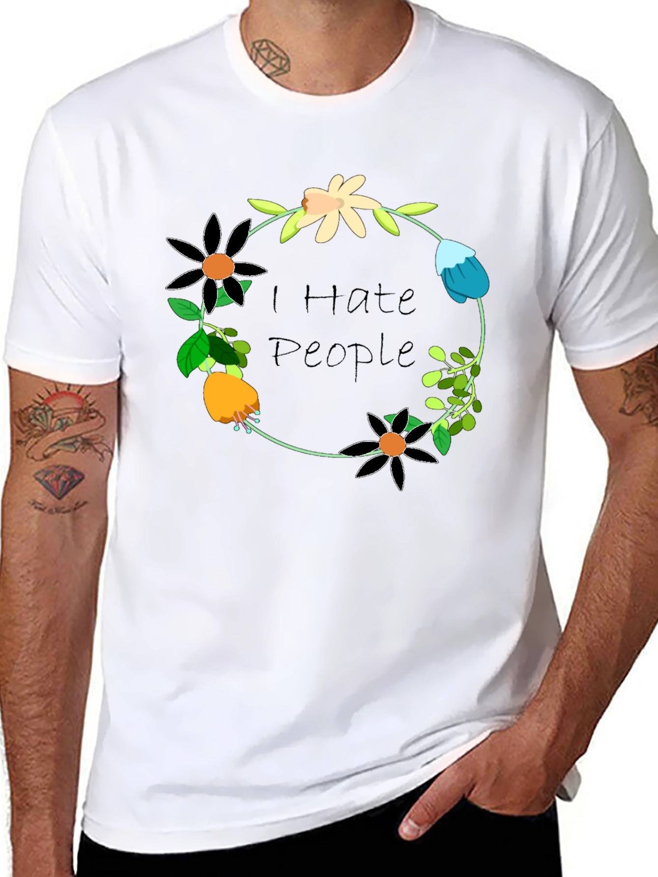Black I Hate People Floral Wreath T-Shirt view 8