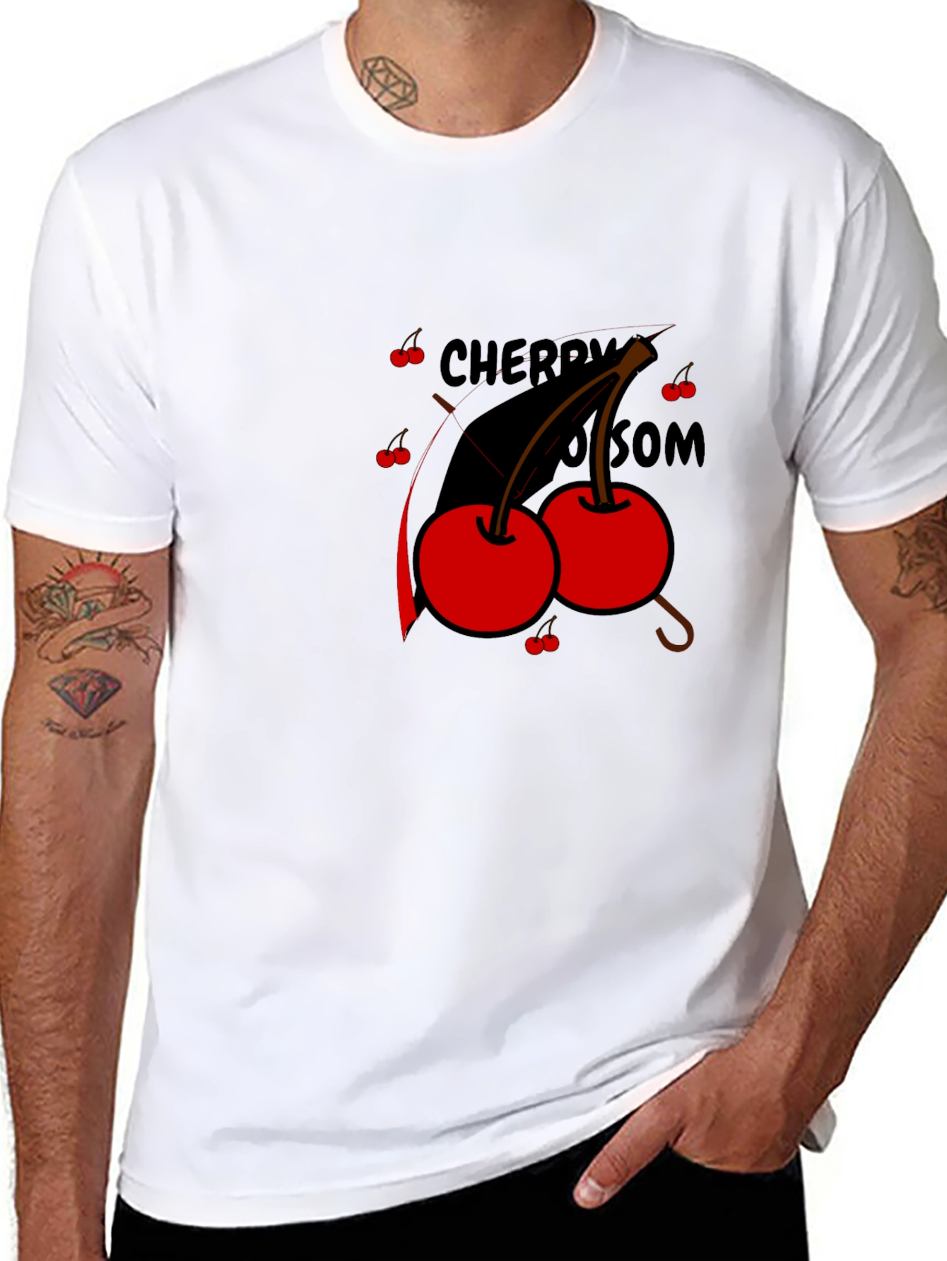 Black Cherry Blossom Graphic Tee - Black Cotton T-Shirt view 8