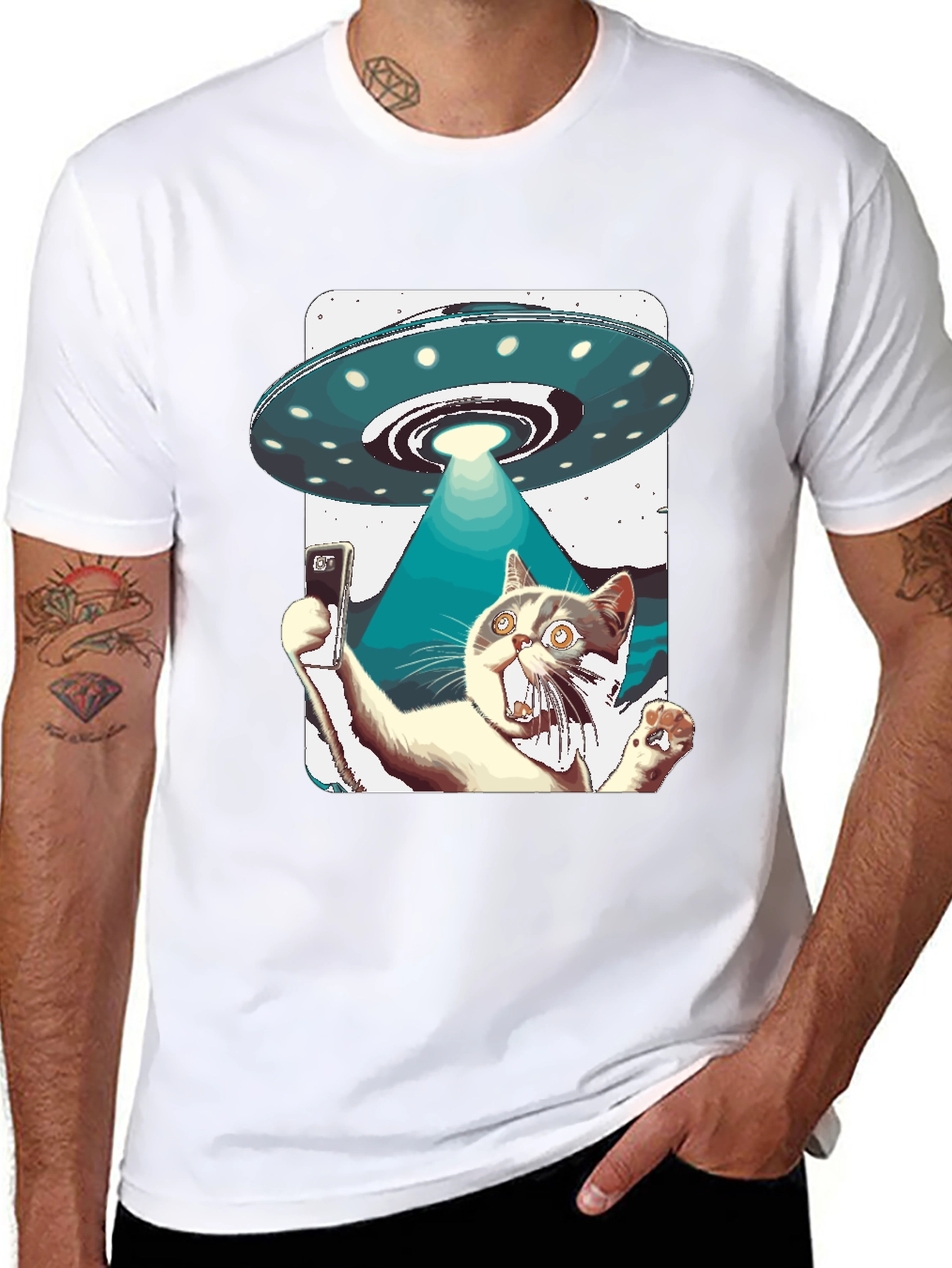 Black Alien Abduction Cat Selfie T-Shirt view 8
