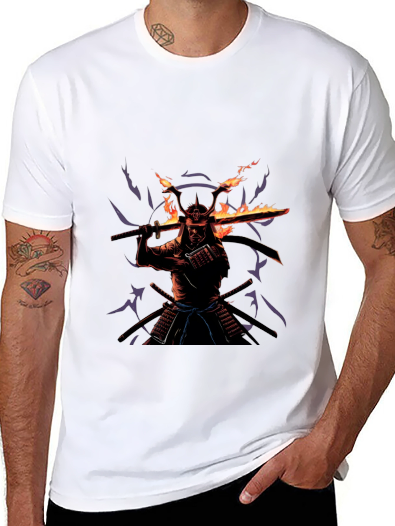 Black Samurai Fire Sword Graphic Tee - Black Cotton view 8