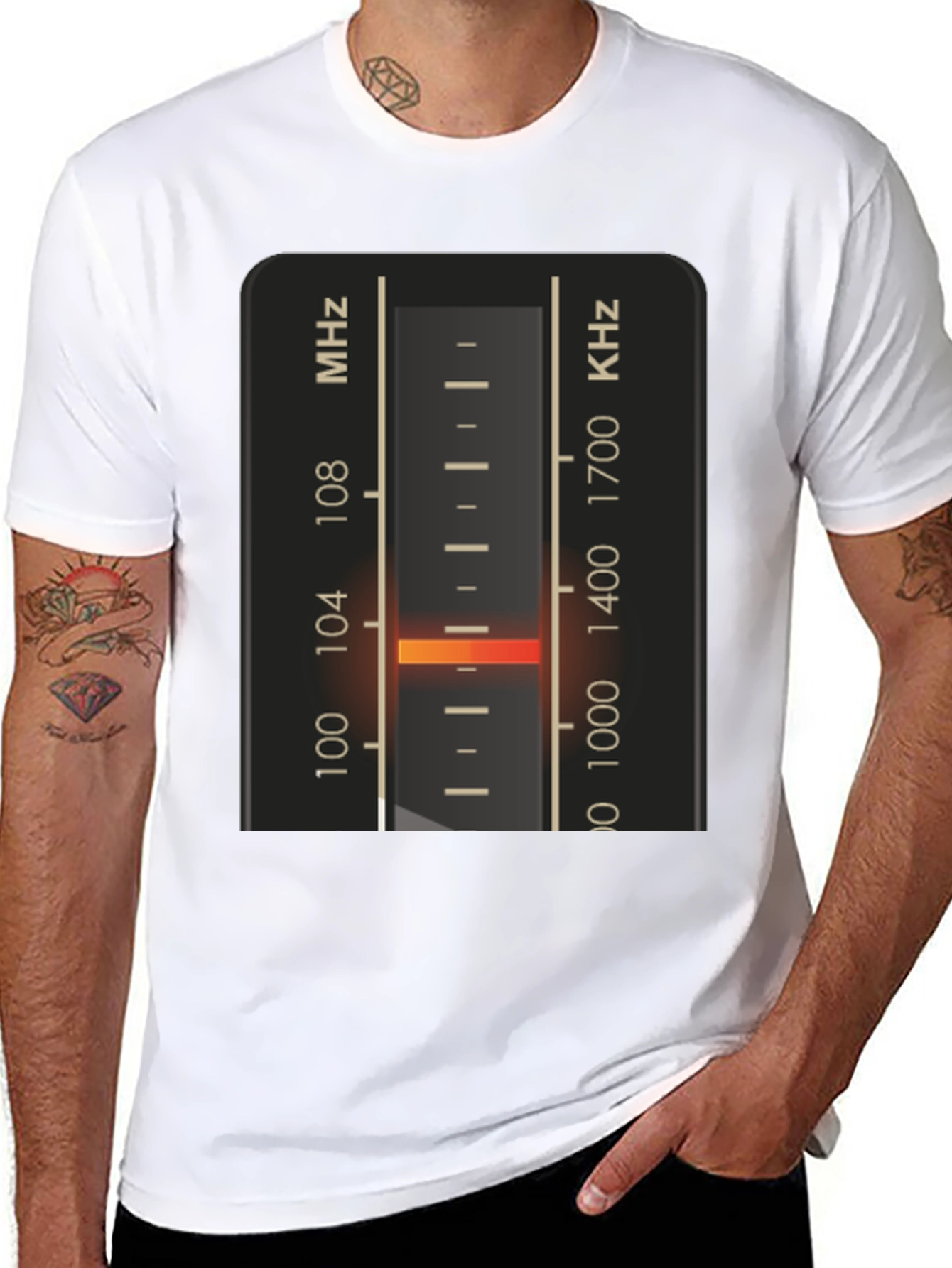 Black T-Shirt with Vintage Radio Tuning Dial Design view 8