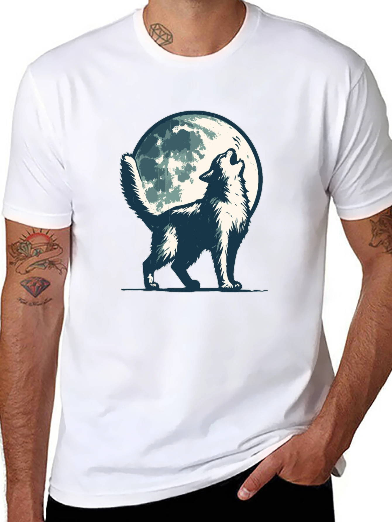 Black Wolf Howling at Moon Graphic Tee - Black Cotton Blend view 8