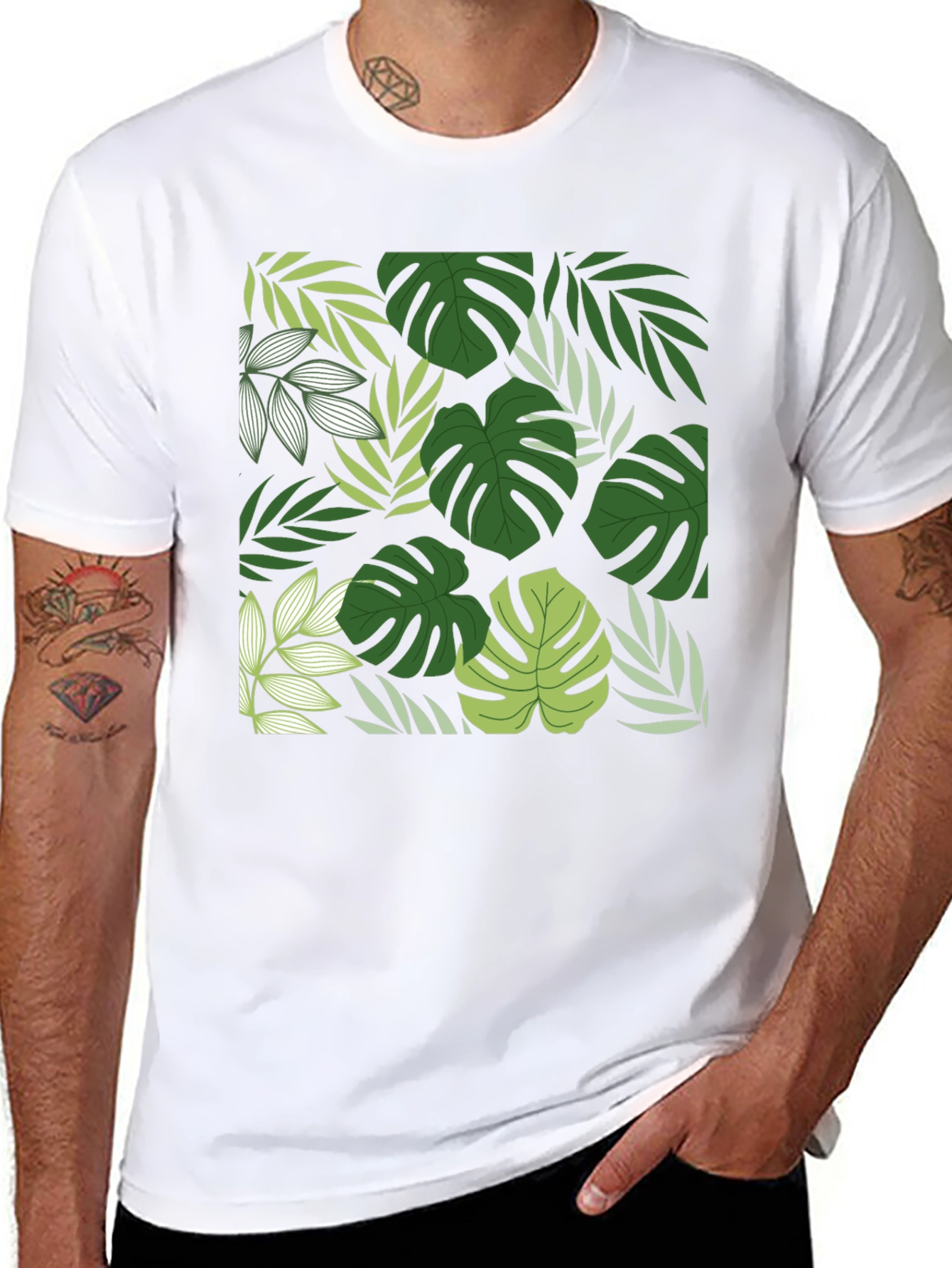 Tropical Leaf Print Black T-Shirt - 8