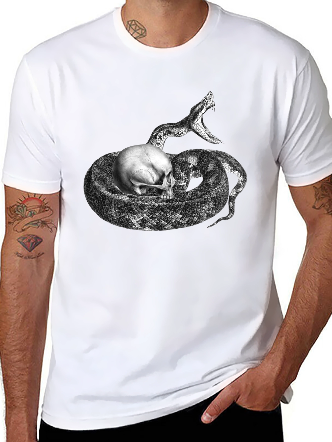 Black Skull & Snake Graphic Tee - Black Cotton T-Shirt view 8