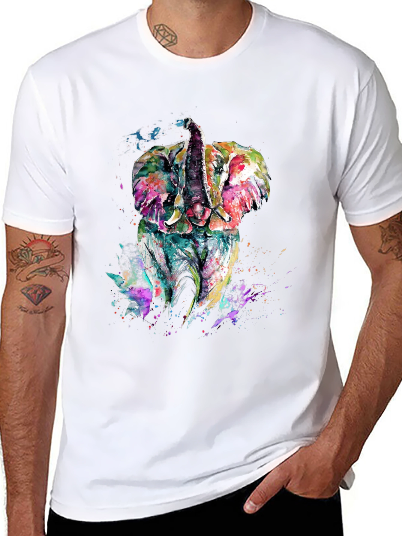 Black Elephant Watercolor Graphic Tee - Men's Black T-Shirt view 8