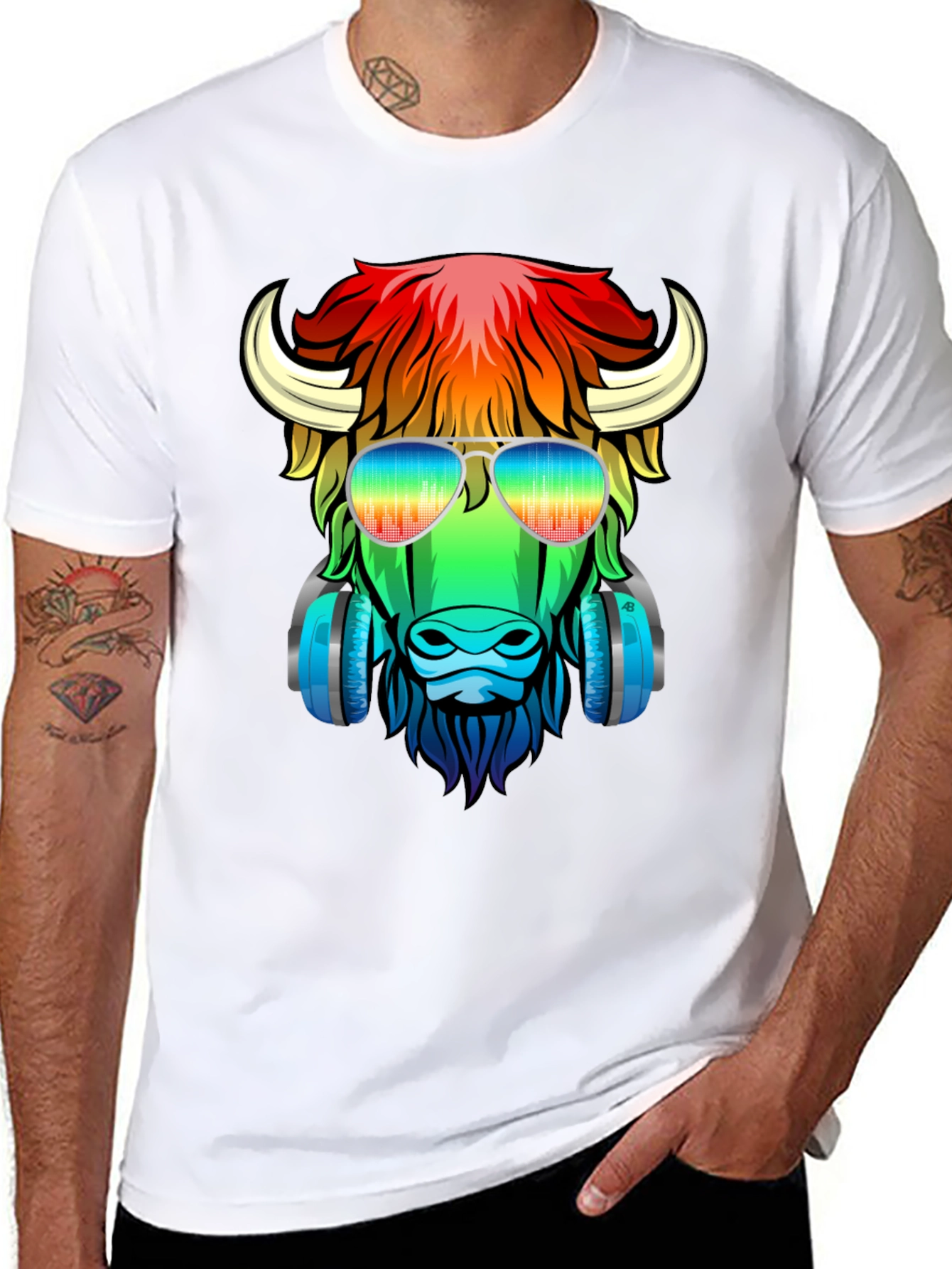 Black Cool Buffalo Graphic Tee - Colorful Animal Design view 8