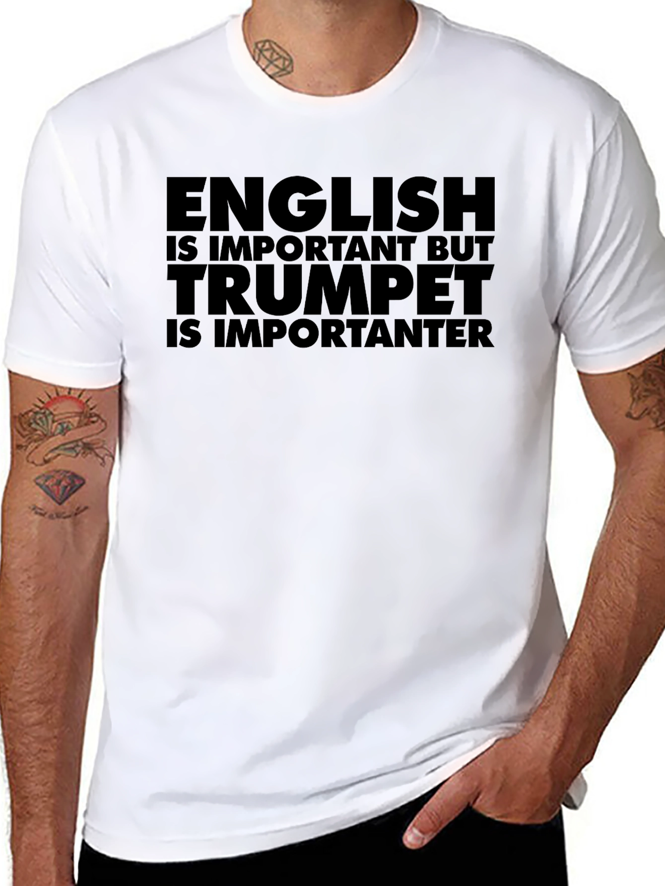 Black English/Trumpet Slogan Tee - Music Humor Graphic T-Shirt view 8