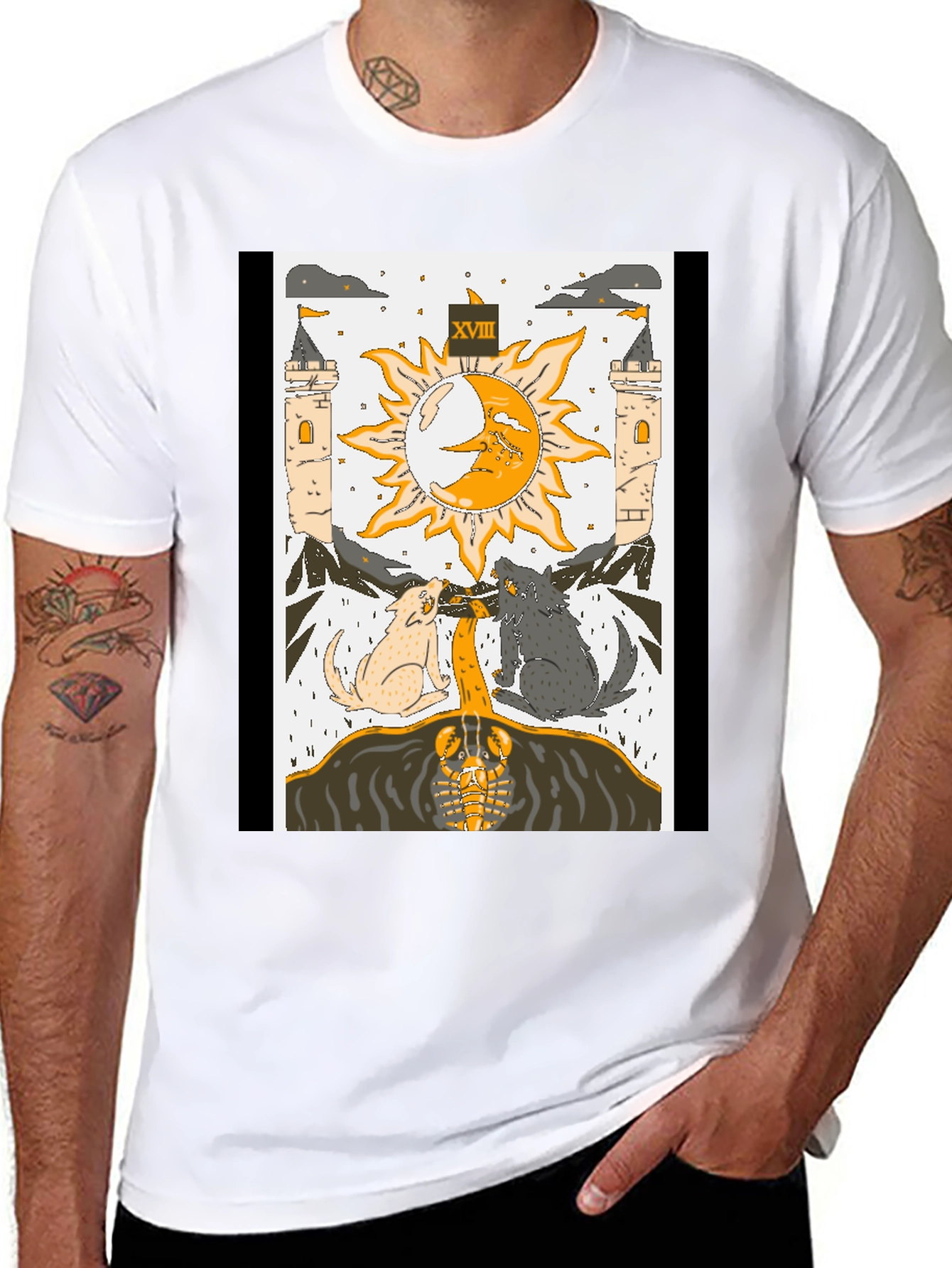 Black Moon Tarot Card T-Shirt - Lunar Wolves Design view 8