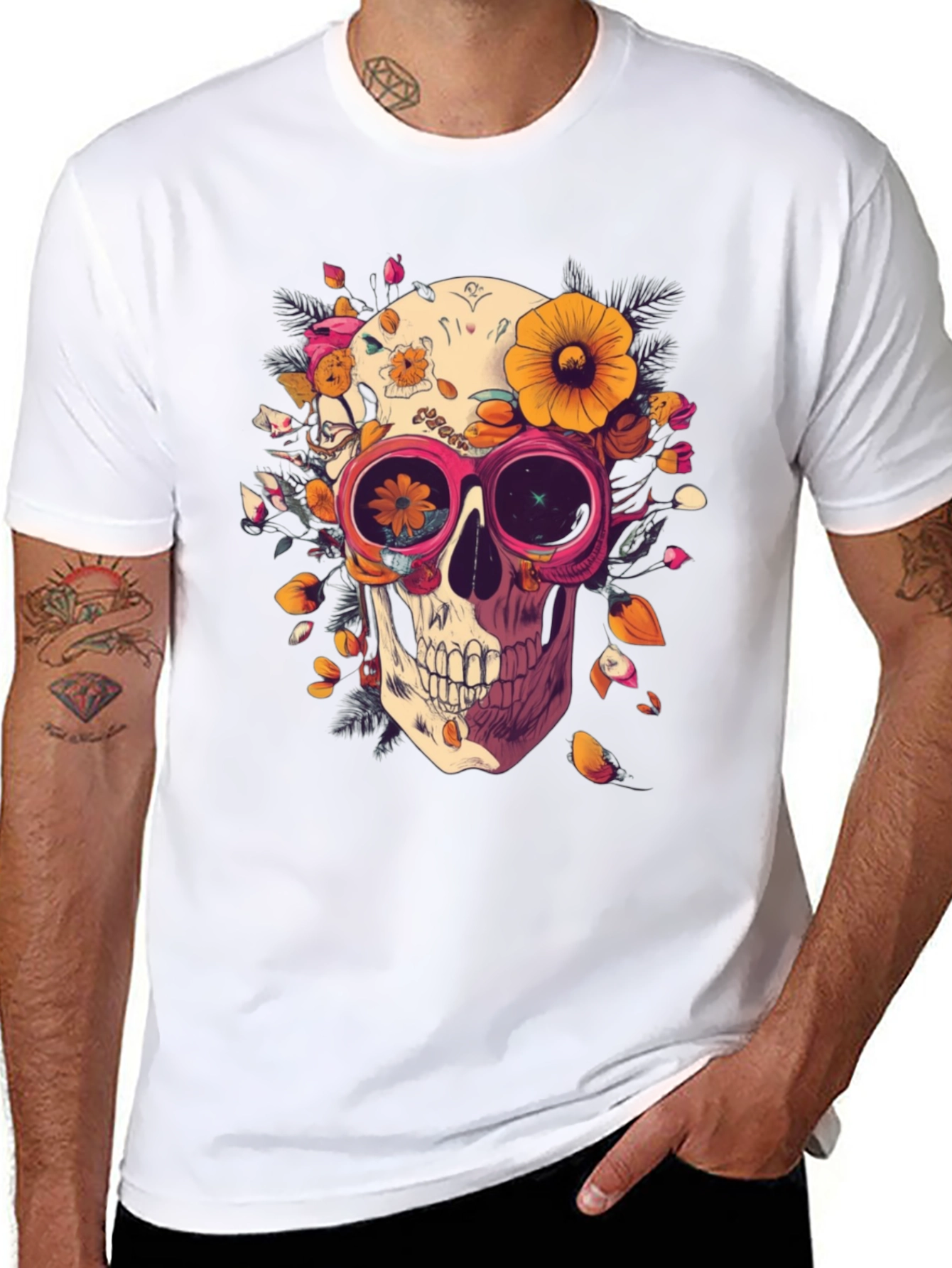 Black Floral Skull Graphic Tee - Unique Unisex T-Shirt view 8