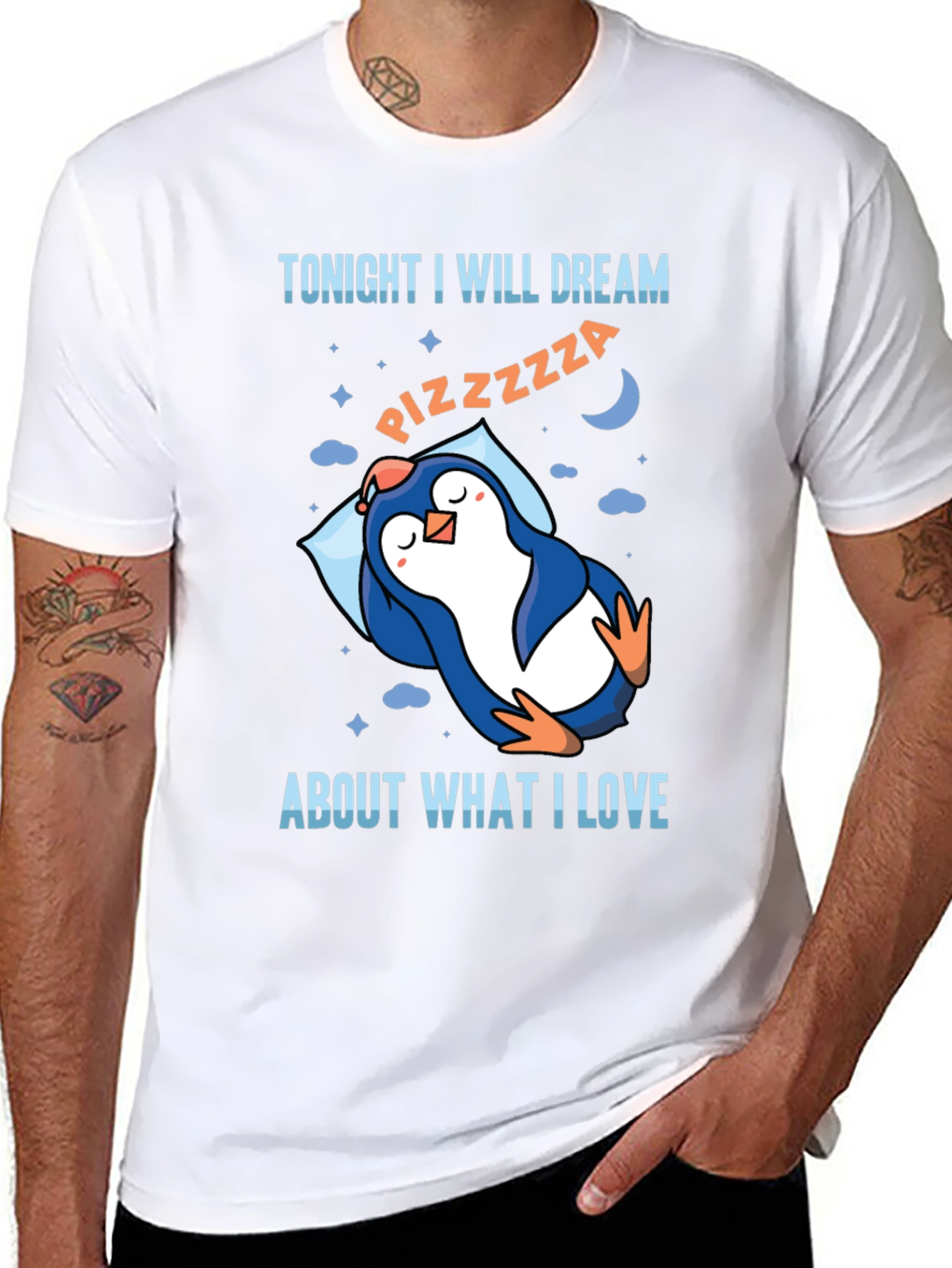 Black Pizza Dream Penguin T-Shirt -  Comfortable Crew Neck Tee view 8
