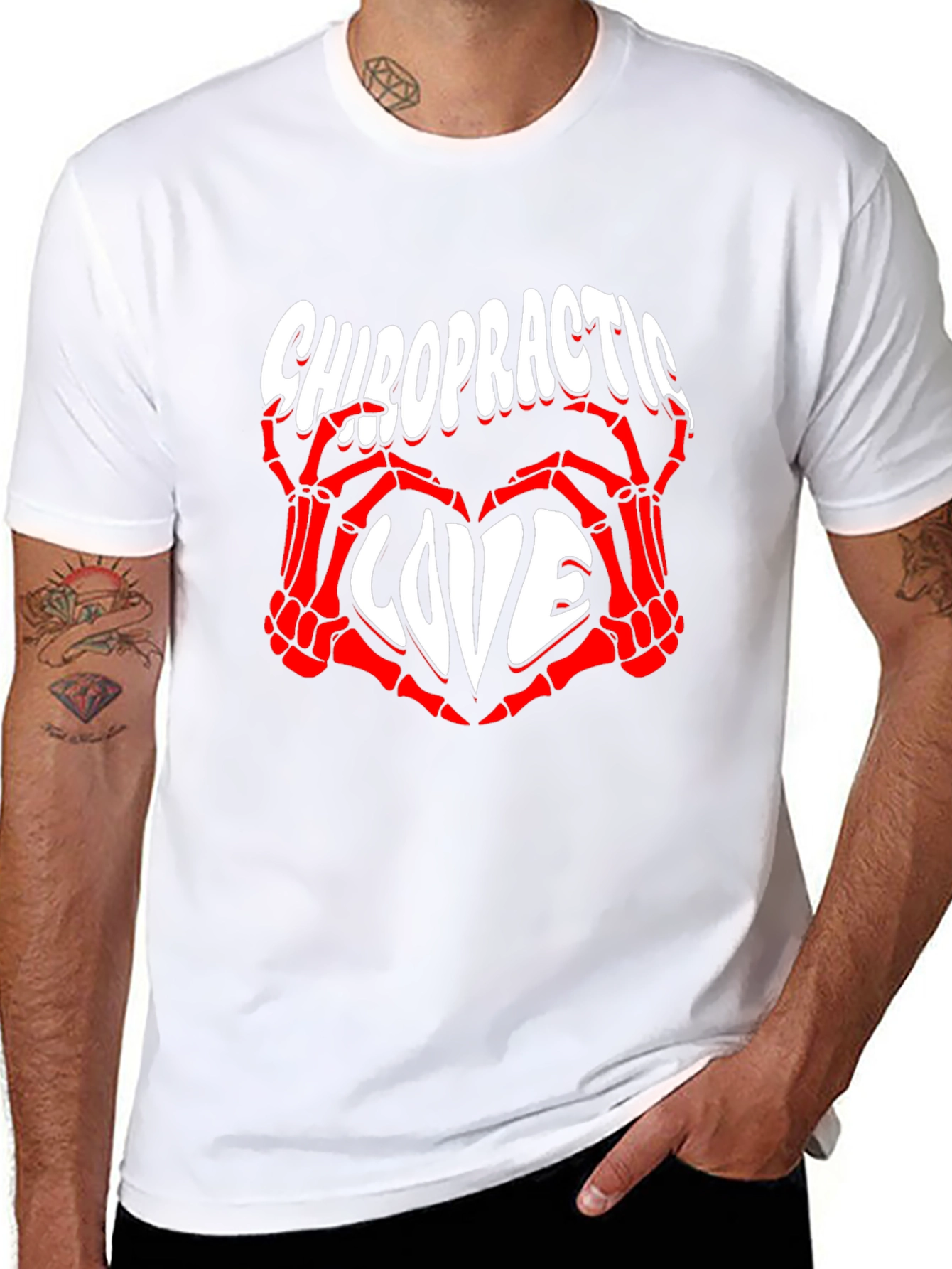 Black Chiropractic Love T-Shirt - Red Skeleton Hands Heart view 8