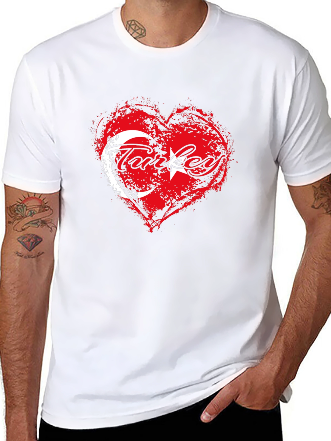 Black Turkey Flag Heart T-Shirt - Black Crew Neck Tee view 8