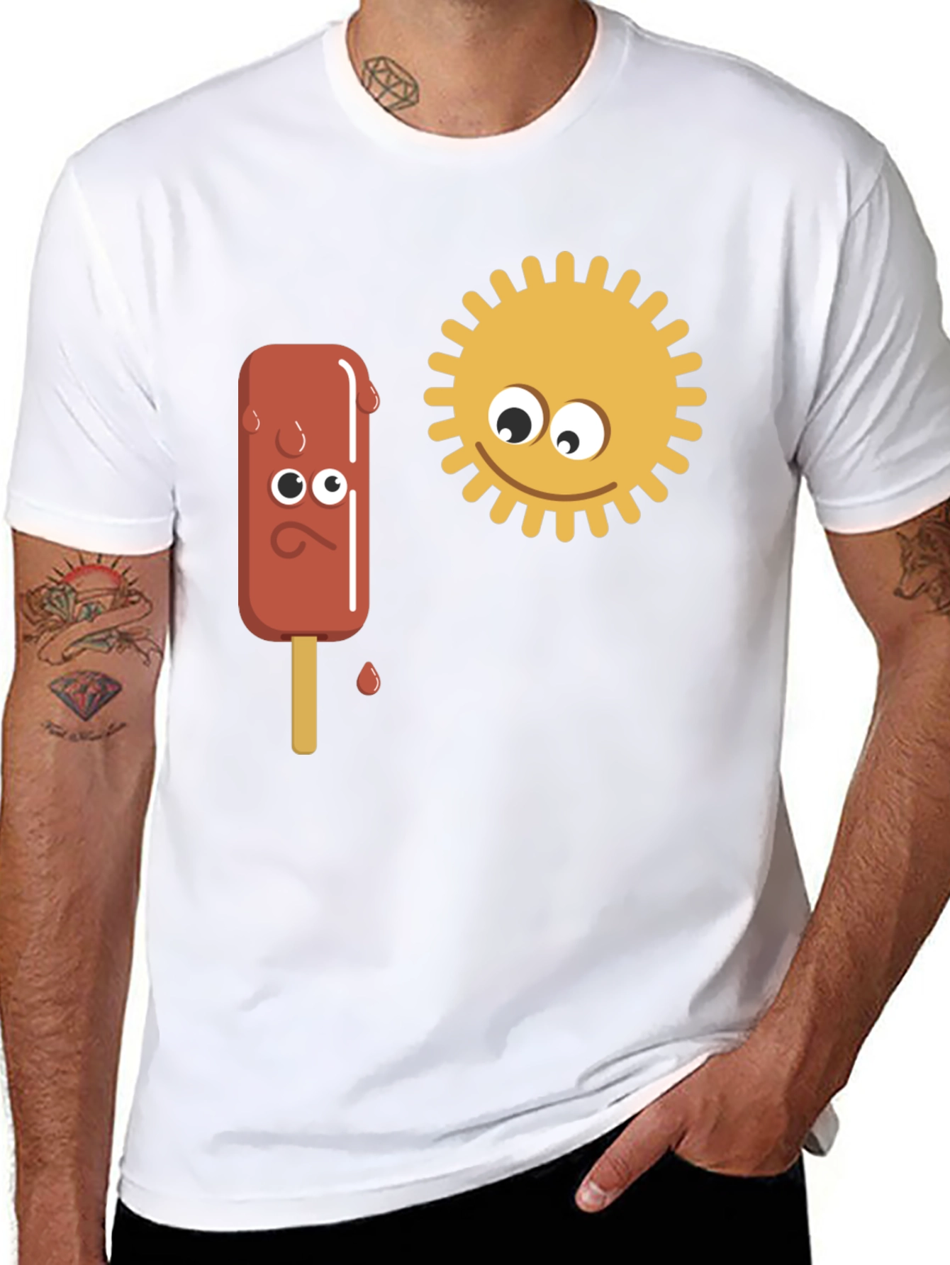 Black Funny Cartoon Sun & Ice Cream Men's Black T-Shirt view 8