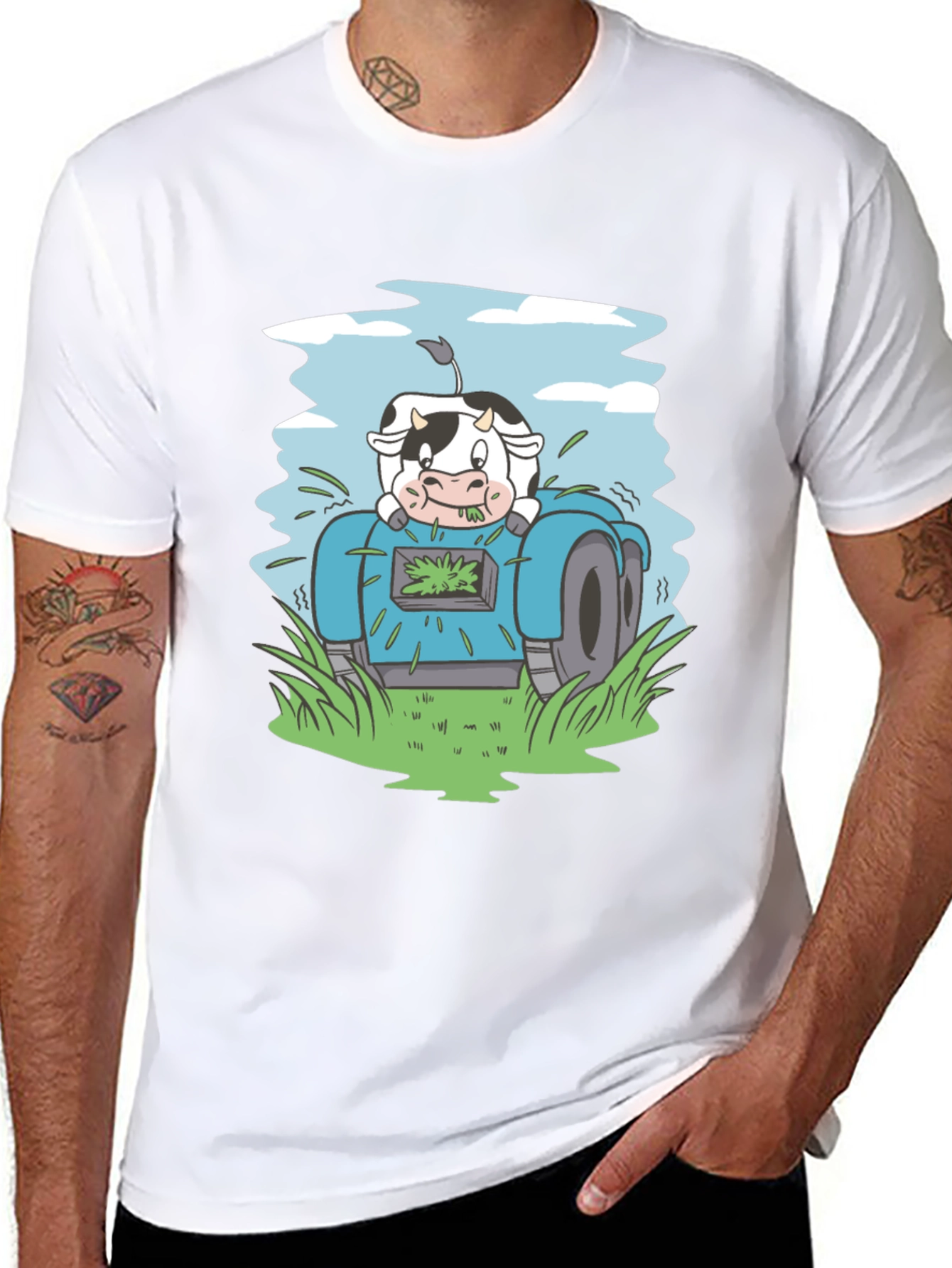 Black Cow Riding Lawnmower Graphic Tee view 8