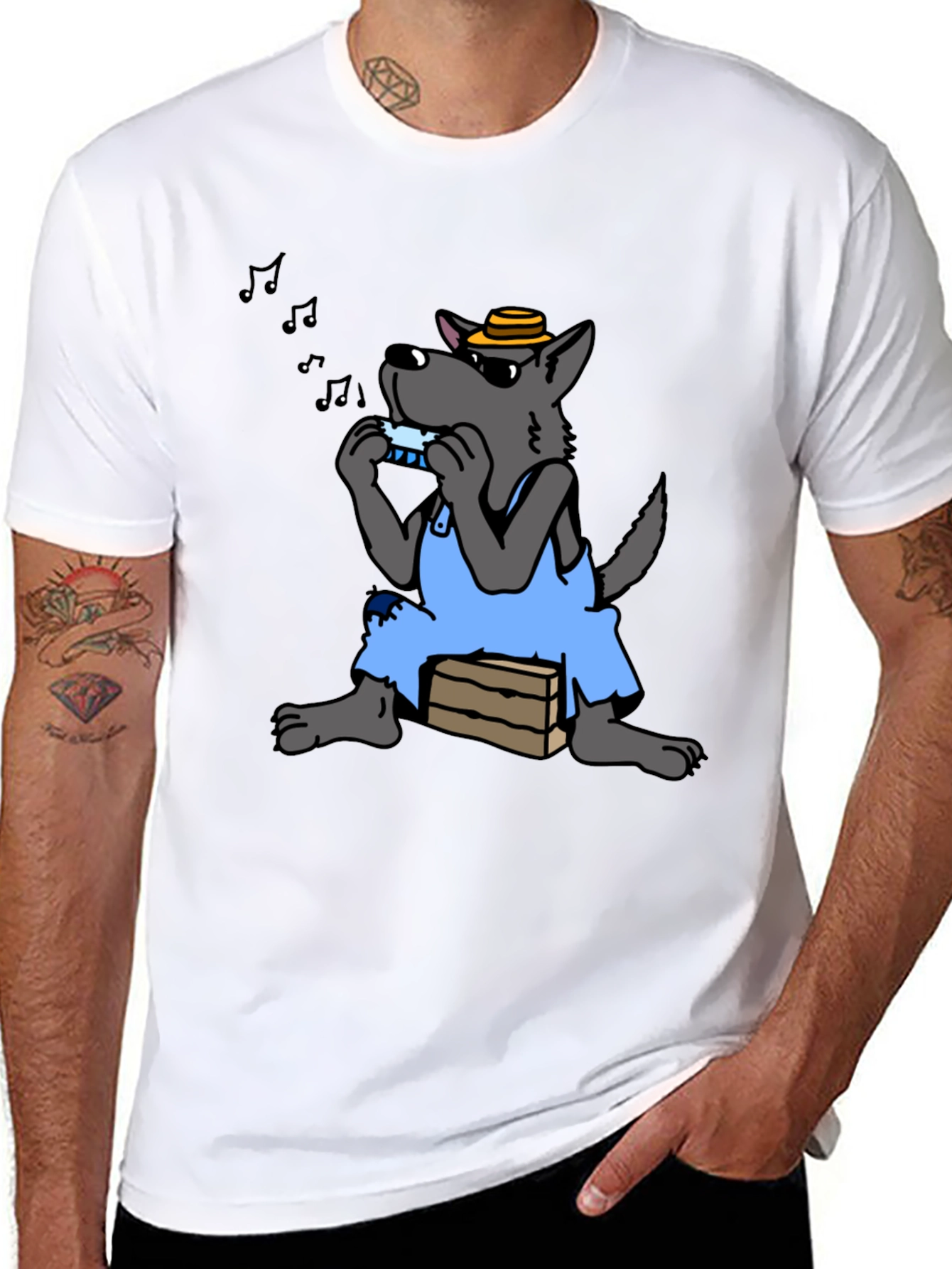 Black Harmonica Wolf Graphic Tee - Unique Design view 8