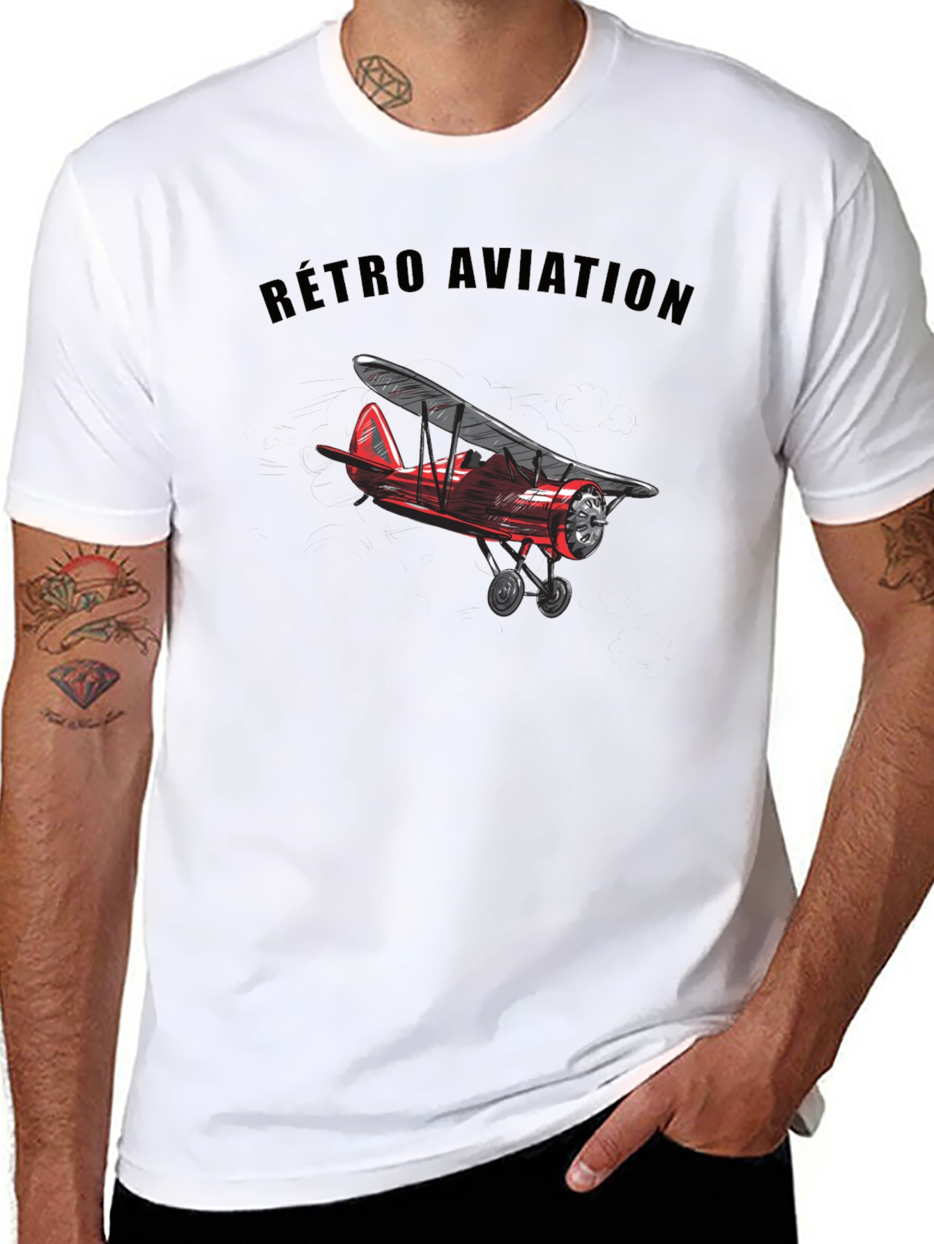Black Retro Aviation Biplane Graphic T-Shirt view 8