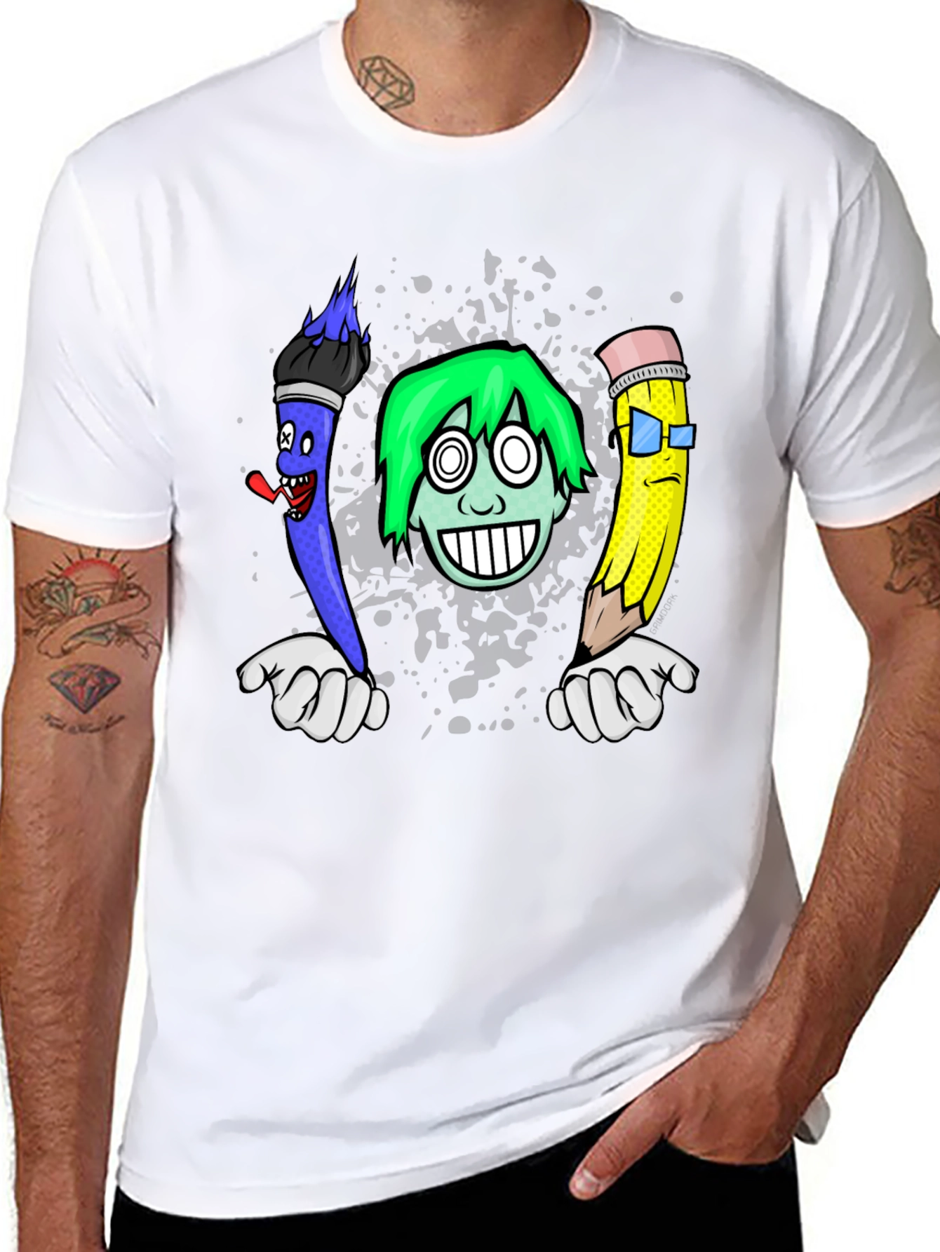 Black Cartoon Art T-Shirt: Brush, Pencil, & Character view 8