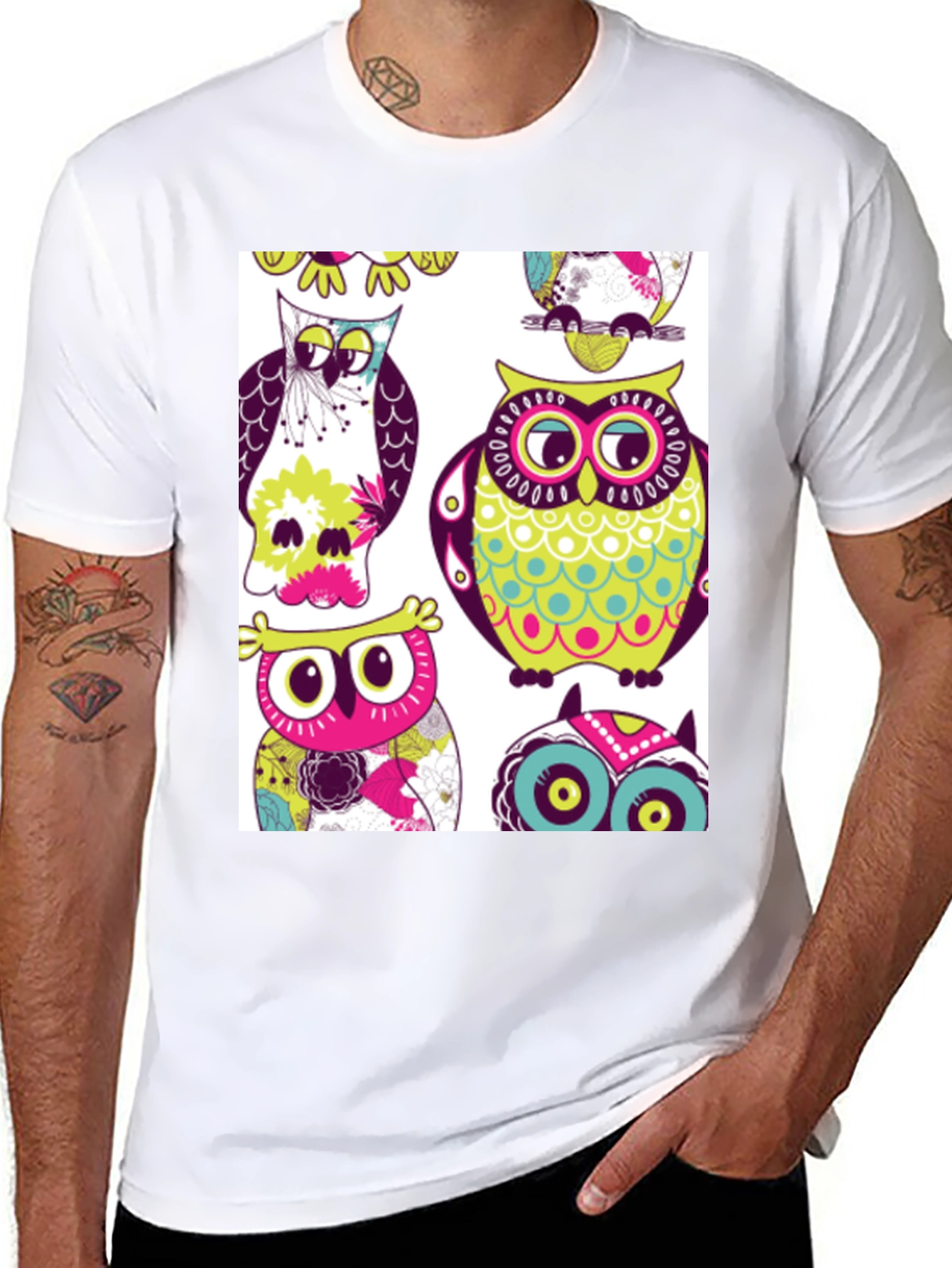 Black Owl Pattern Graphic Print Crew Neck Tee view 8